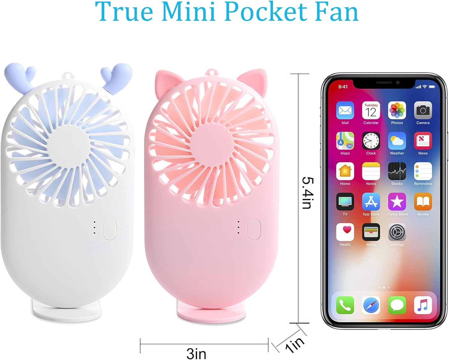 Zwei Mini-Ventilatoren, einer weiß mit blauen Ohren, einer rosa mit Katzenohren, neben einem Smartphone.