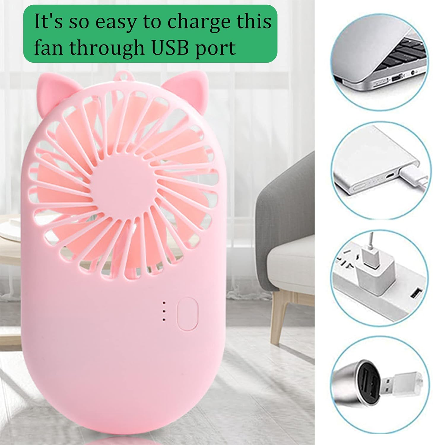 Ein rosafarbener USB-Ventilator mit Katzenohren, daneben Bilder von Lademethoden.