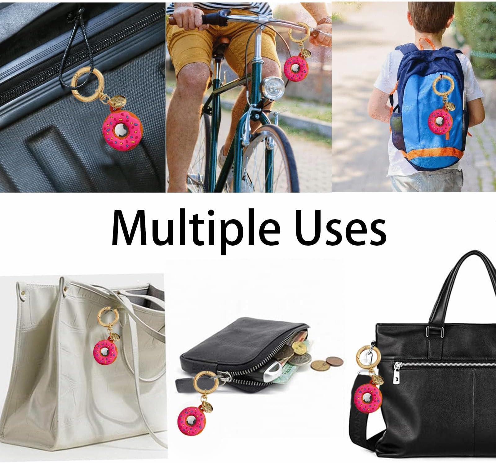 Pinker Donut-Schlüsselanhänger an Gepäck, Fahrrad, Rucksack, Tasche, Geldbörse und Tragetasche.