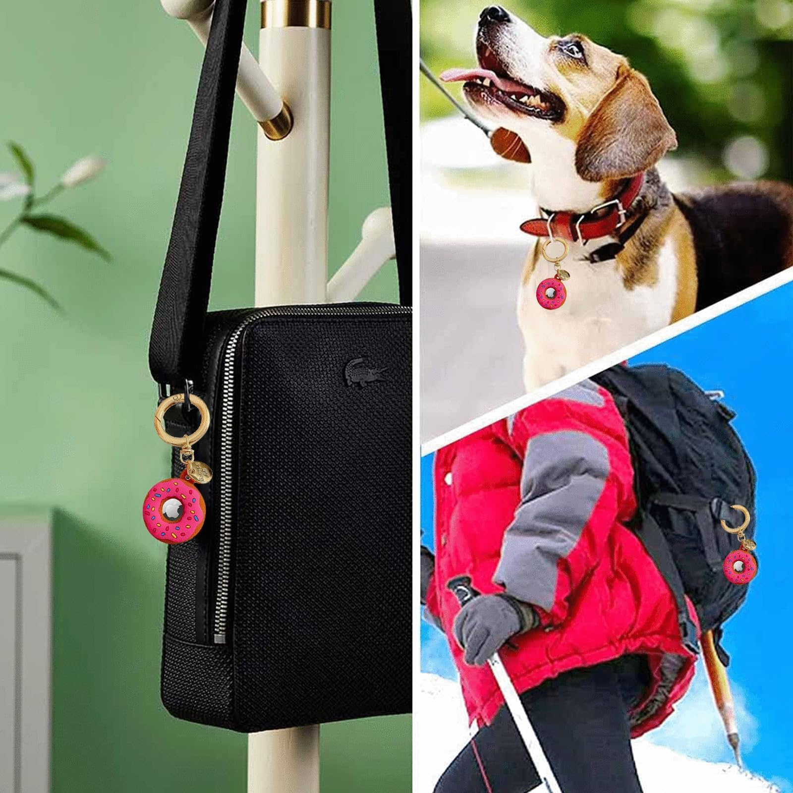 Ein pinker Donut-Schlüsselanhänger an einer Tasche, einem Hundehalsband und einem Rucksack.