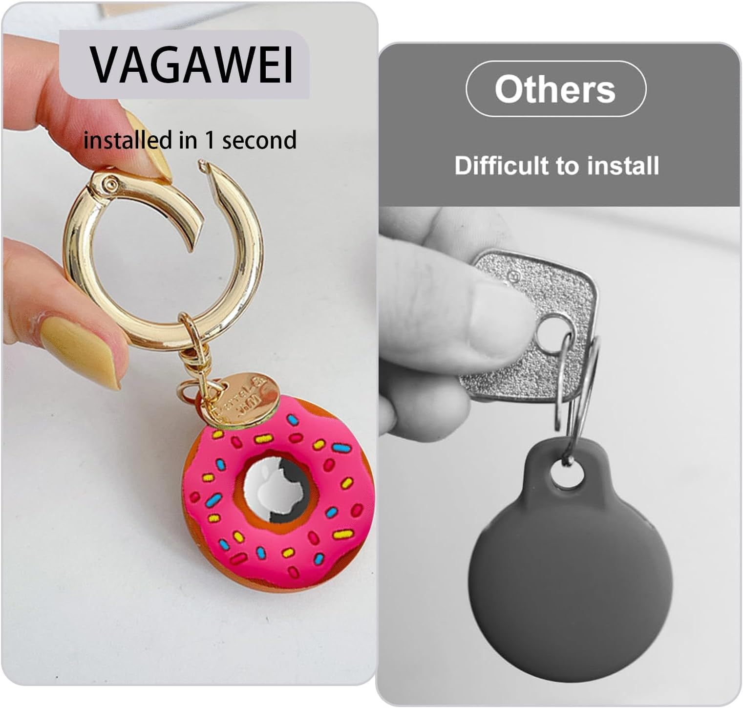 Hänchen zeigt einen goldenen Schlüsselanhänger mit einem rosa Donut und einen grauen Anhänger.