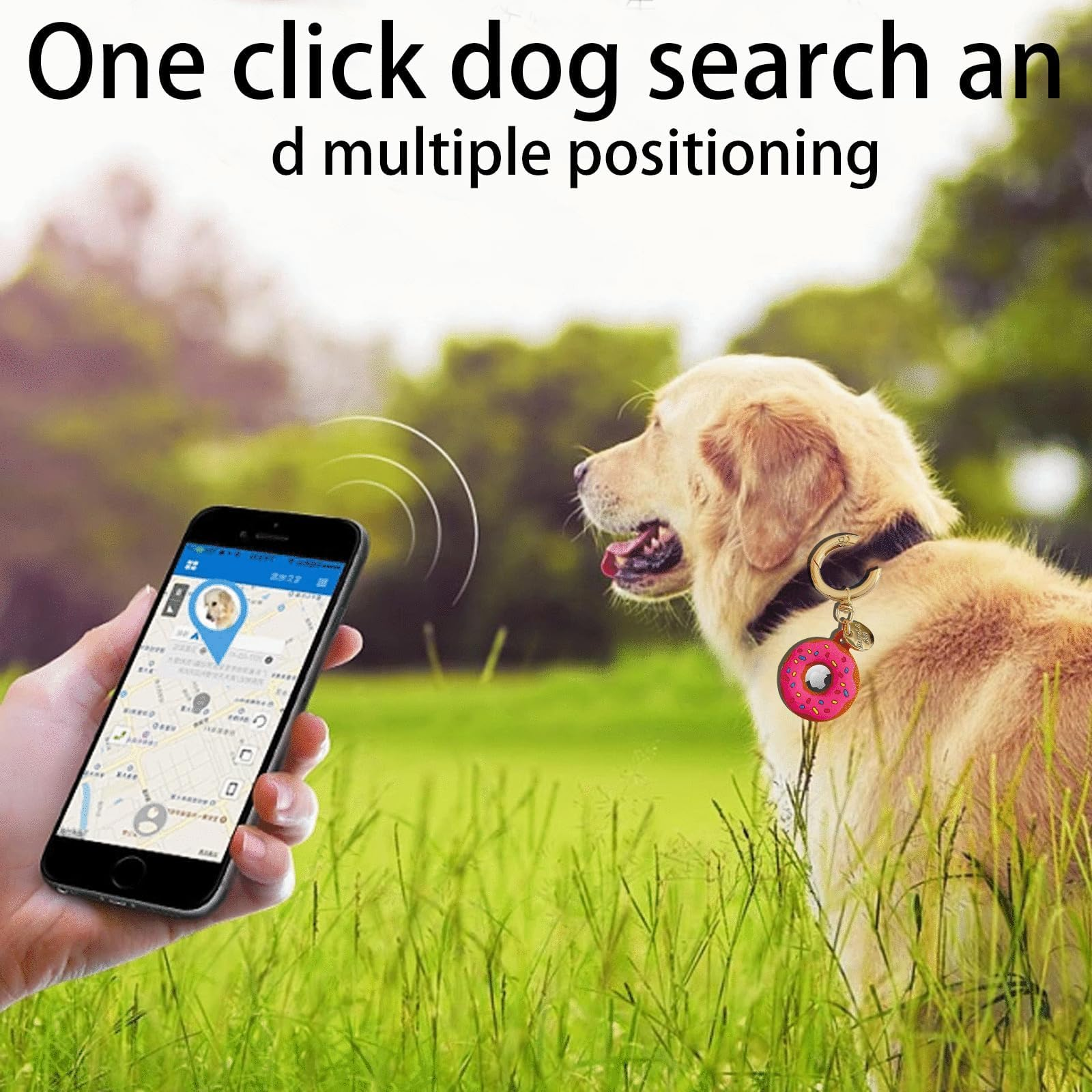 Ein Hund mit einem Donut-Anhänger wird auf einem Handy angezeigt.