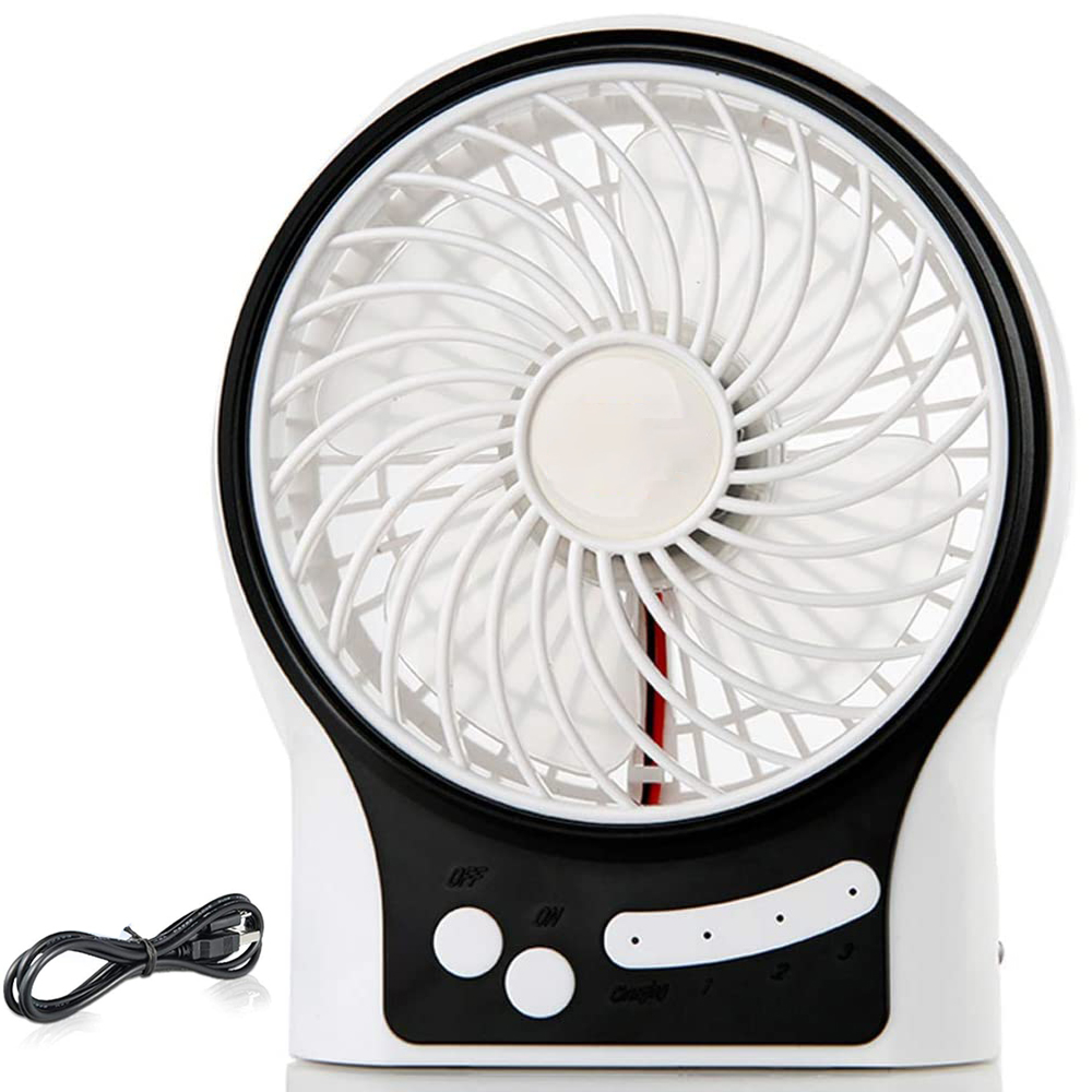 Ein weißer und schwarzer Tischventilator mit USB-Kabel.