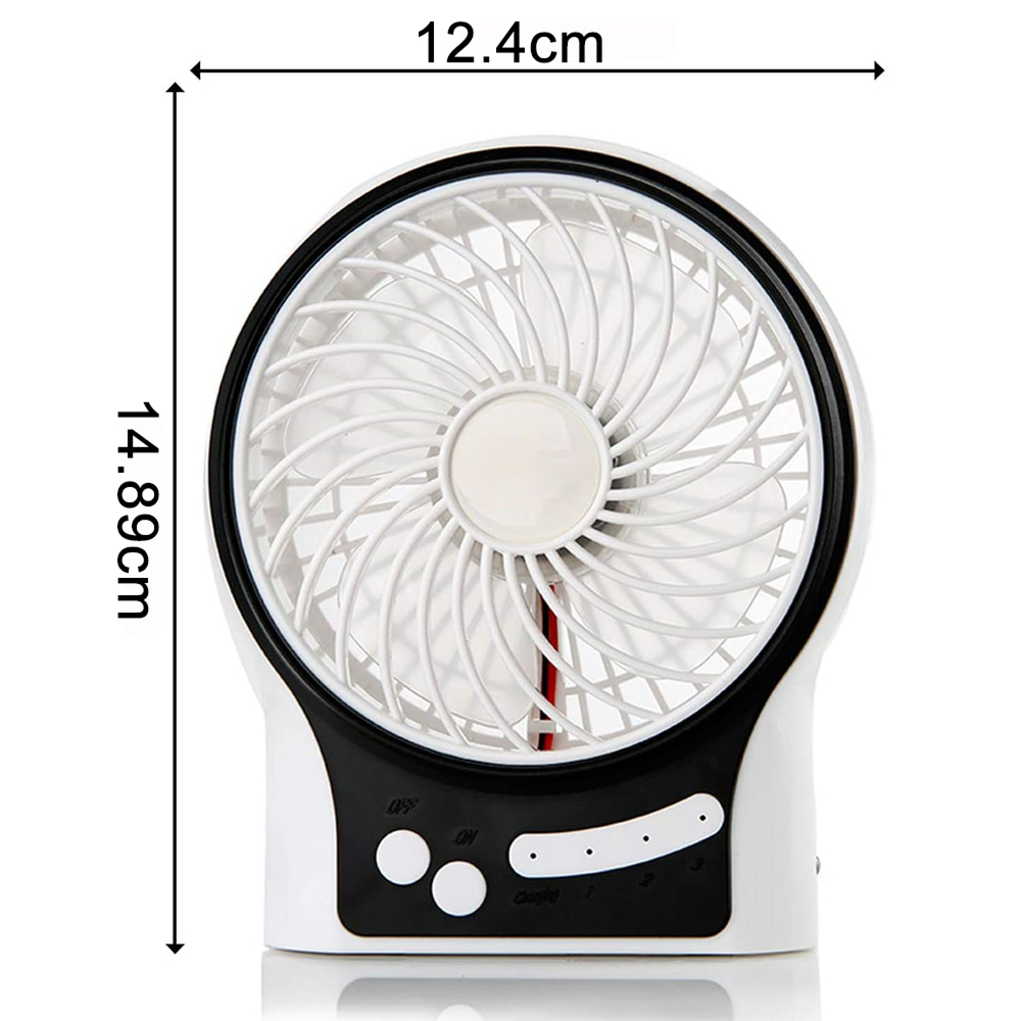 Ein kleiner weißer Ventilator mit schwarzen Akzenten und Bedienelementen.