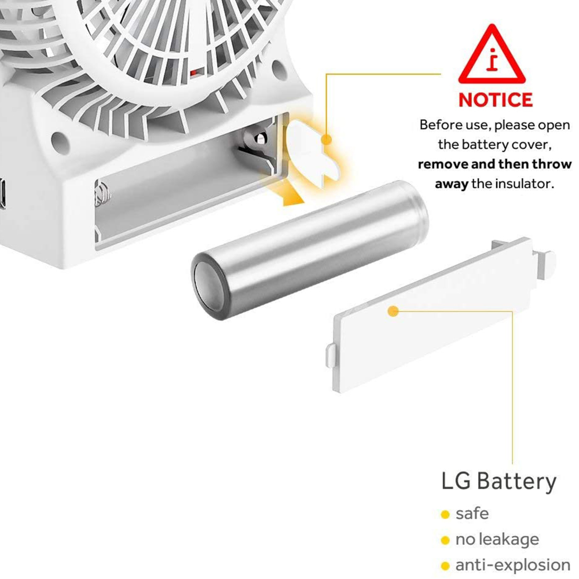 Ein weißer Ventilator mit offenem Batteriefach und einer herausnehmbaren Batterie.