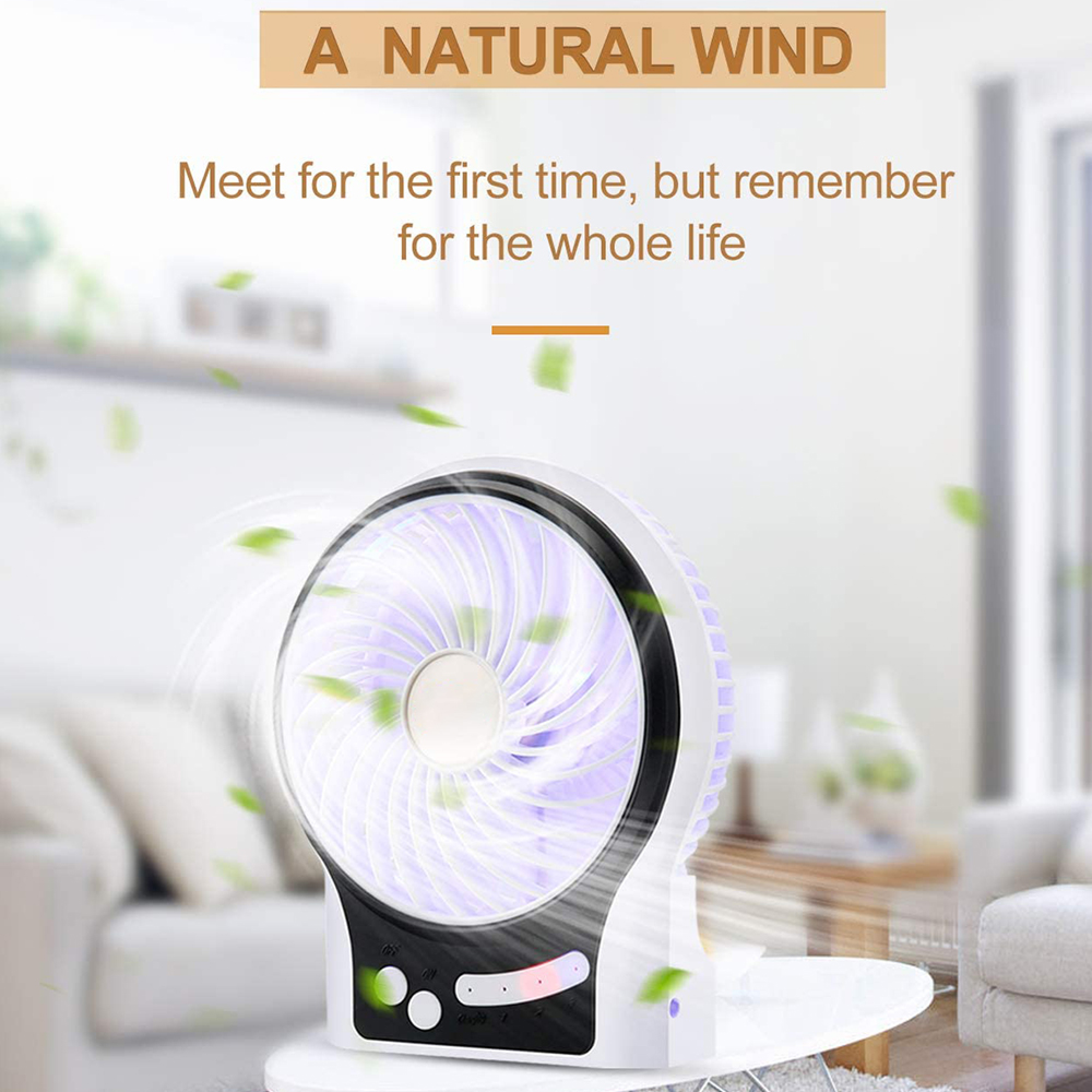 Ein weißer Ventilator mit lila Lichtern auf einem Tisch, grüne Blätter fliegen.