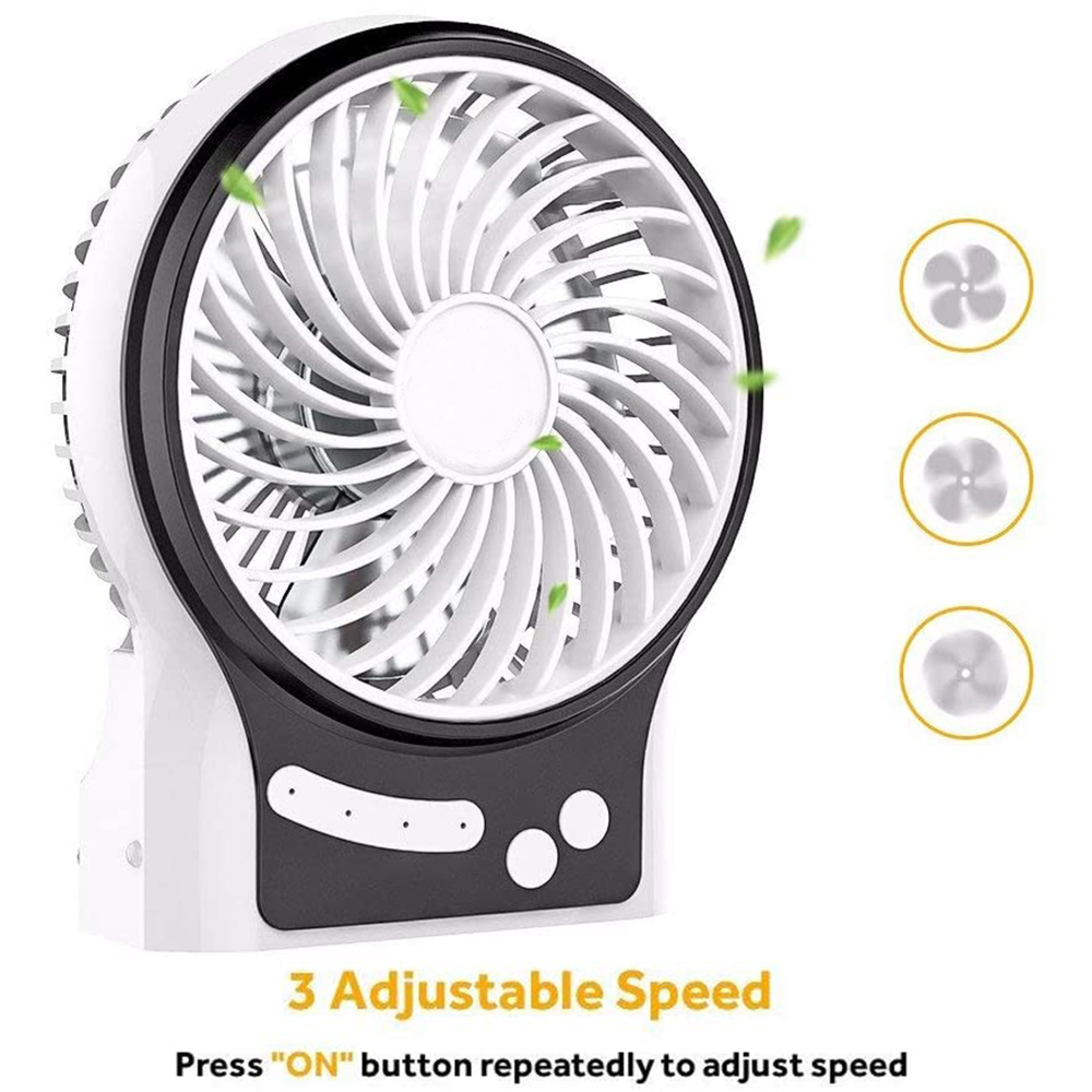 Ein weißer und schwarzer Ventilator mit drei Geschwindigkeitsstufen wird gezeigt.