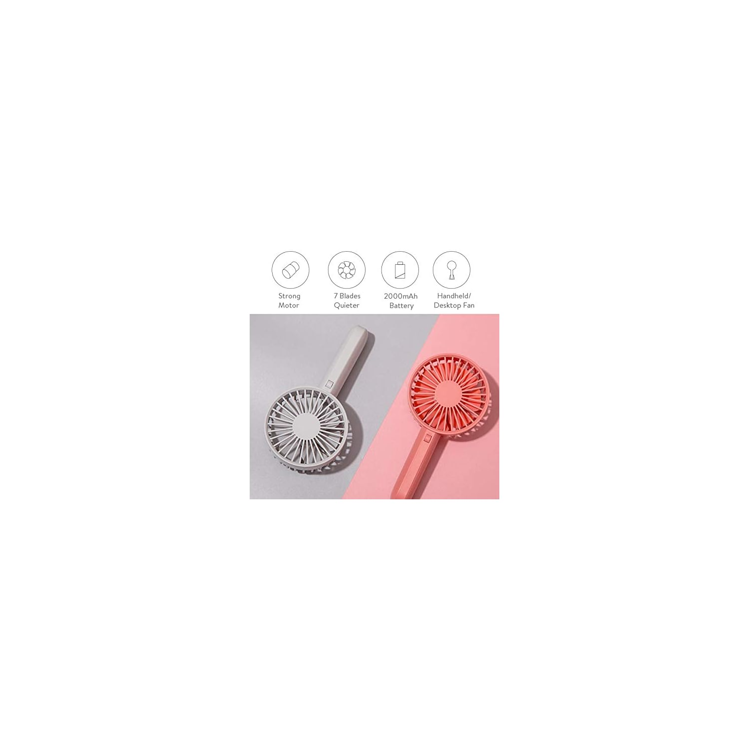 Zwei tragbare Ventilatoren, einer grau, einer pink, mit Lüfterblättern und Griff.