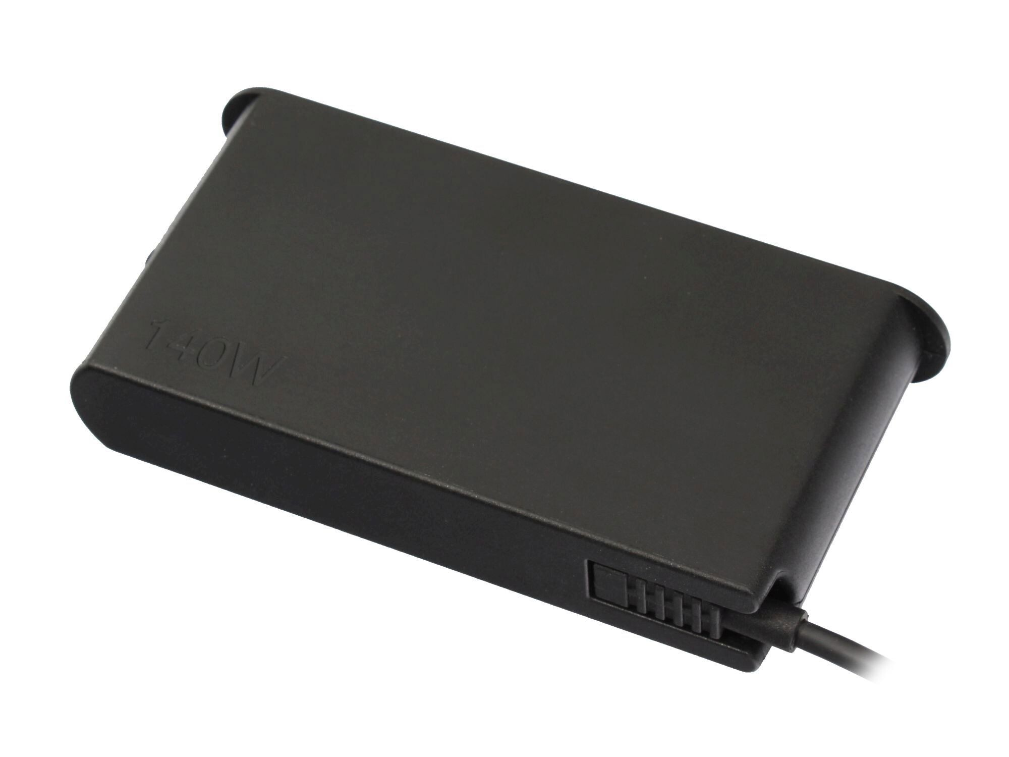 Schwarzer 140W Netzteiladapter mit Kabelanschluss und Lüftungsschlitzen.