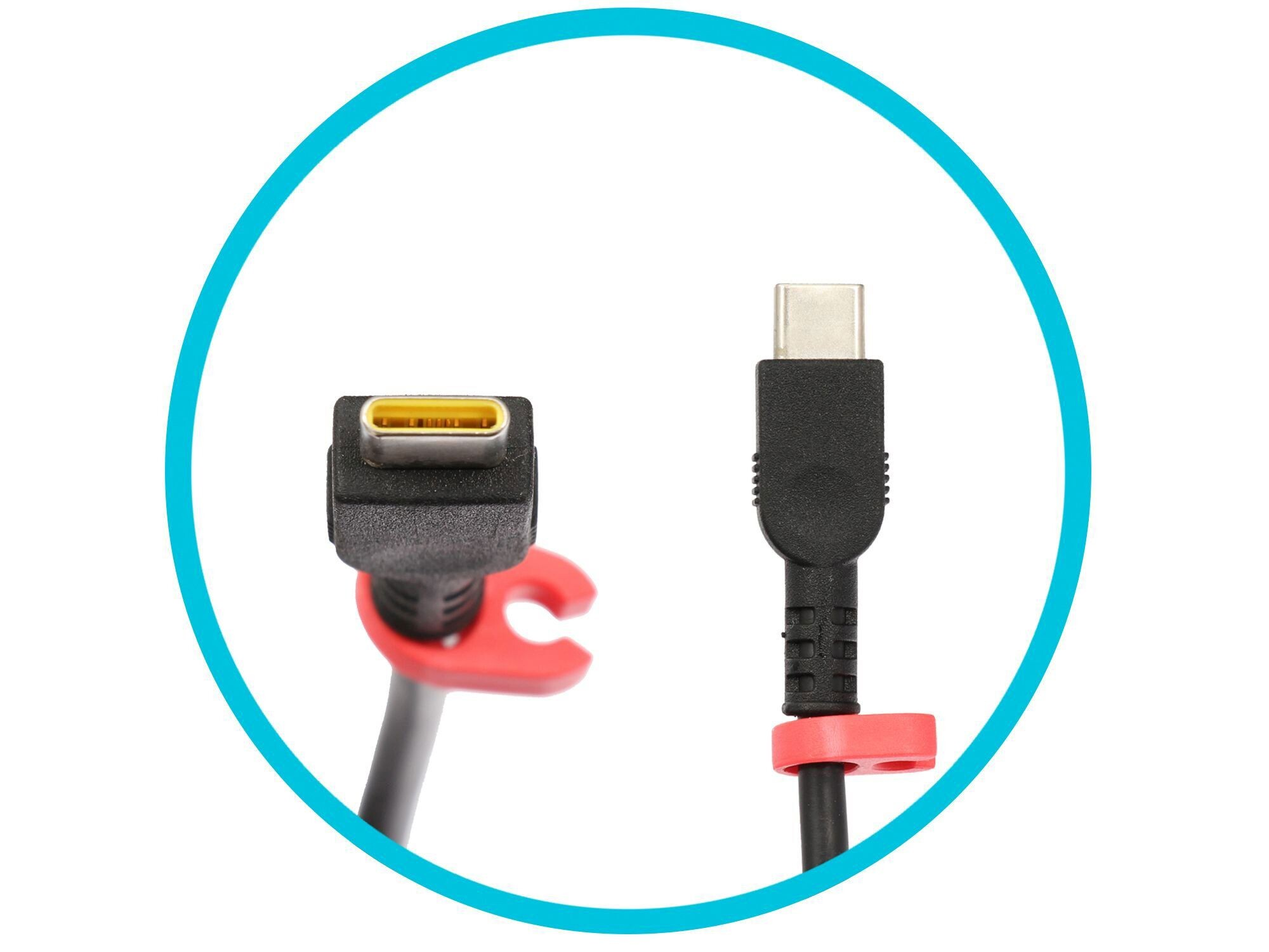 Zwei USB-C-Kabelanschlüsse, einer mit gelben Pins, auf weißem Hintergrund.