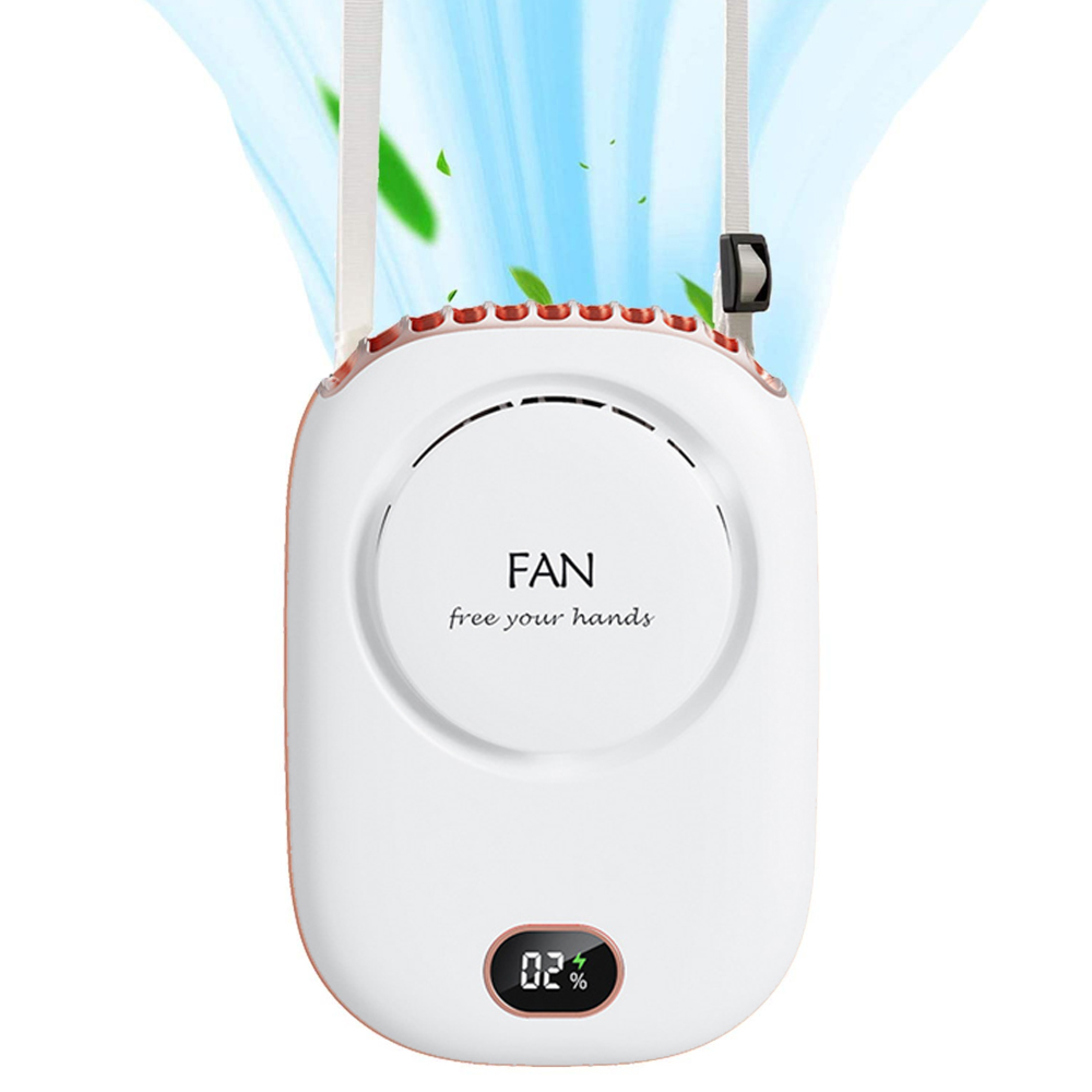 Ein weißer Nackenventilator mit rotem Rand und digitaler Anzeige. Luftstrom.