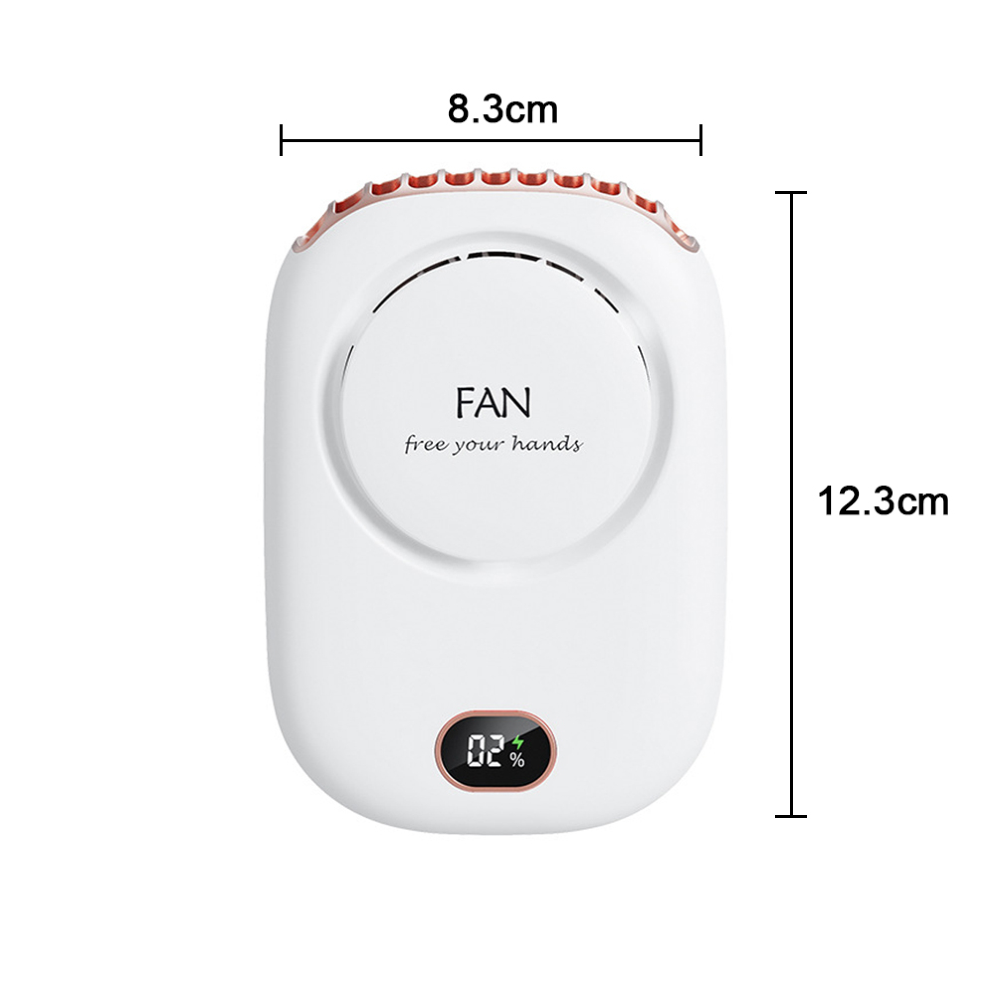 Weißer Nackenventilator, 8,3x12,3cm, mit digitaler Anzeige und Lüftersymbol.