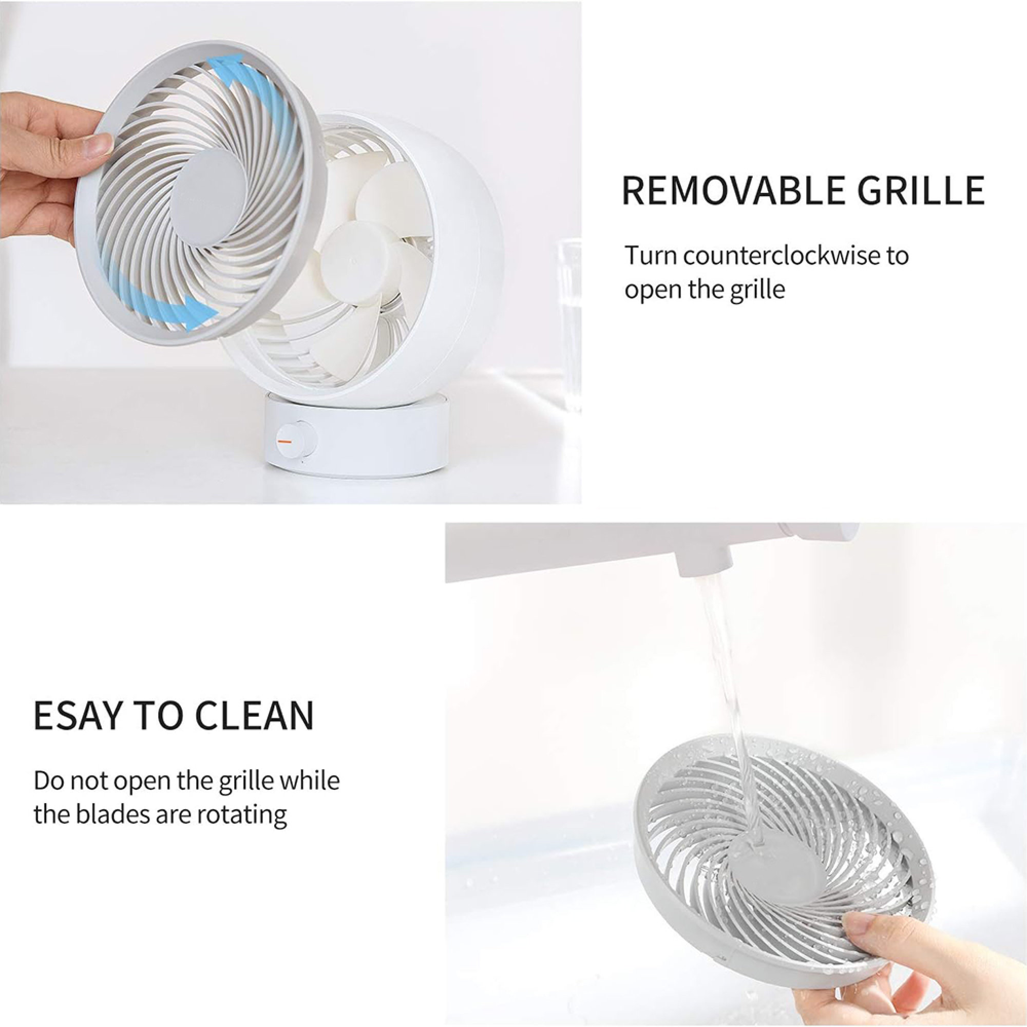Ein weißer Ventilator mit abnehmbarem Gitter, der unter fließendem Wasser gereinigt wird.