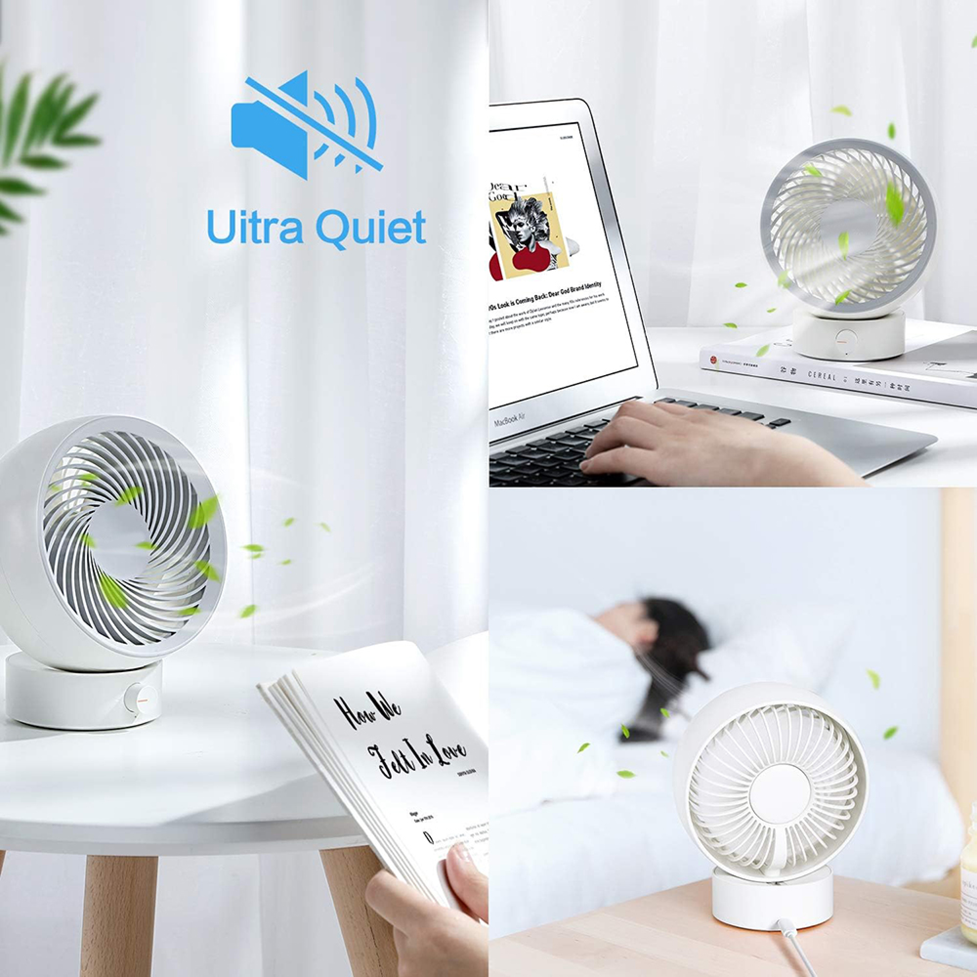 Kompakter weißer Ventilator mit Blättern, der auf einem Schreibtisch steht.
