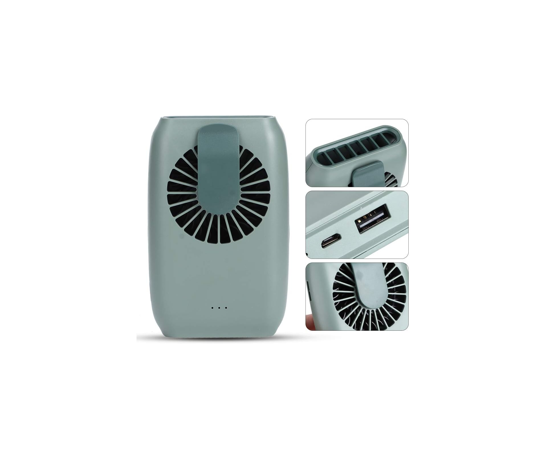 Ein kleiner, rechteckiger, grauer Ventilator mit Lüftungsschlitzen und einem Clip.