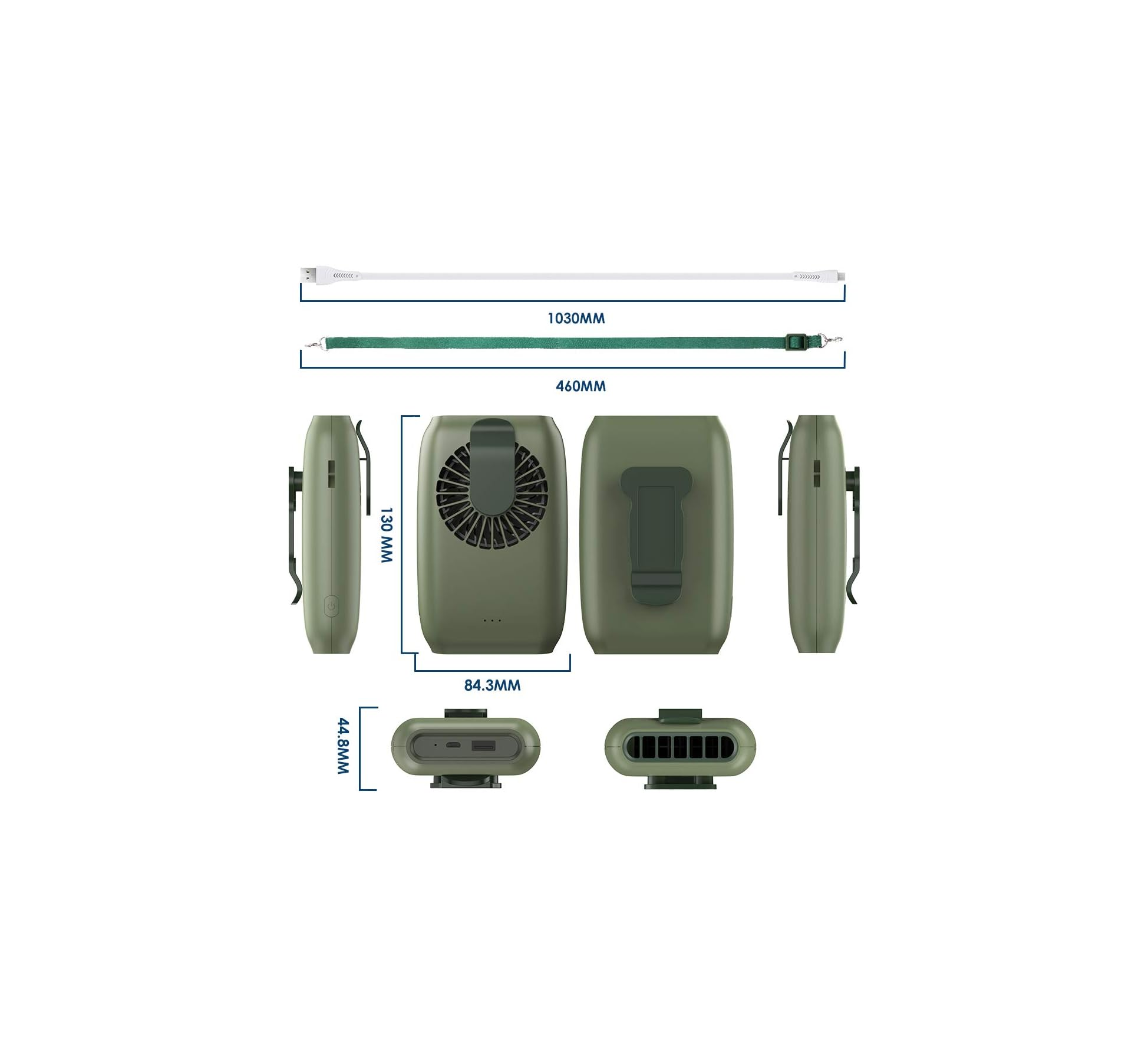 Grüner Clip-Ventilator mit Zubehör und Maßen. Mehrere Ansichten.