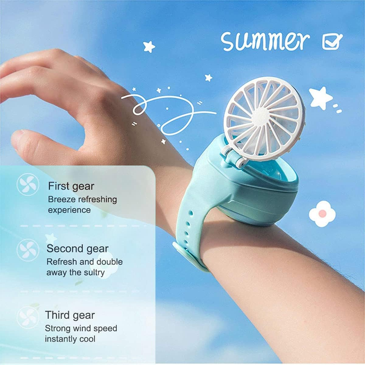 Ein hellblauer Armbandventilator am Handgelenk. Text beschreibt drei Gänge.