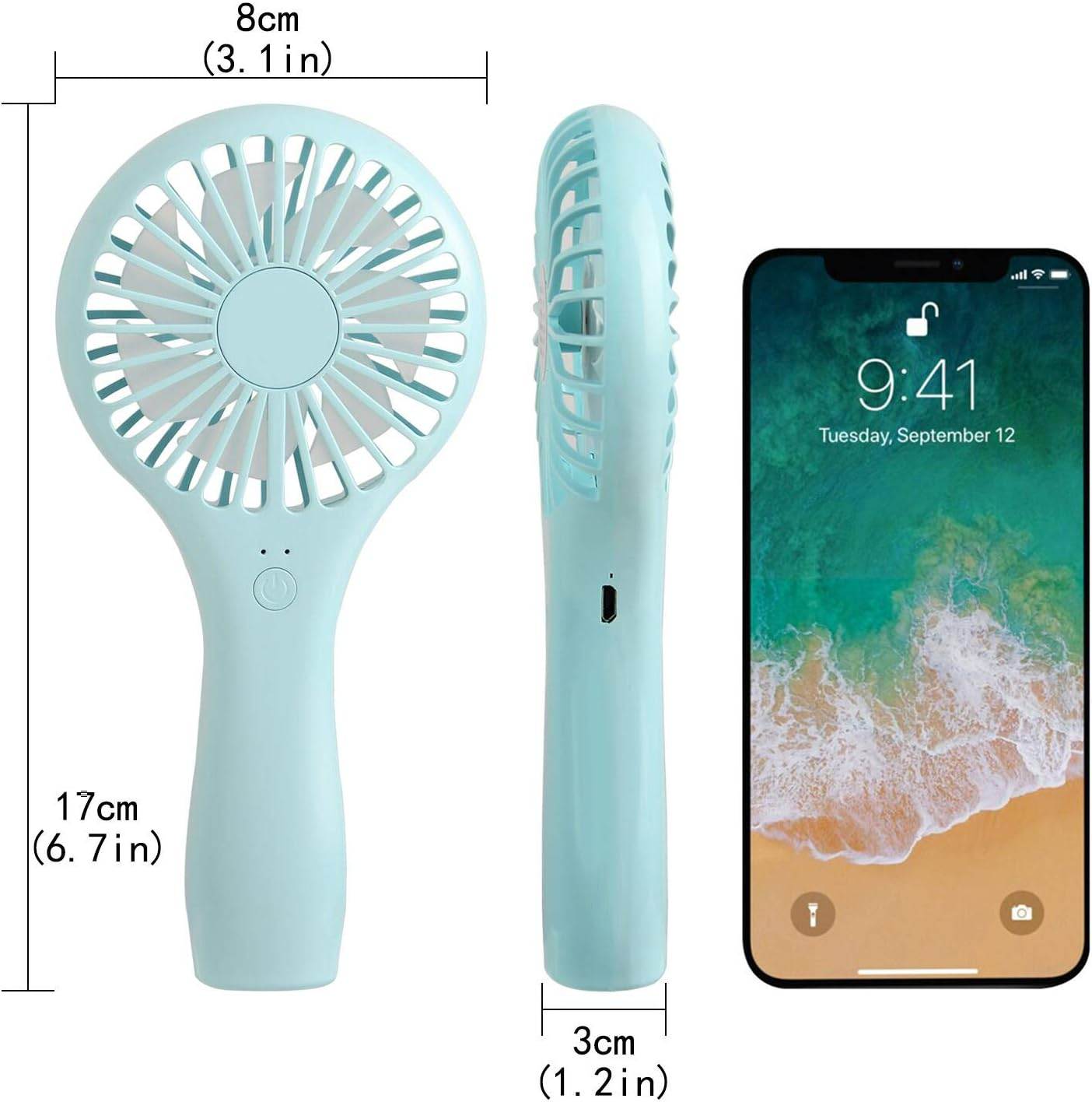 Ein hellblauer tragbarer Ventilator wird neben einem iPhone mit 9:41 Uhr angezeigt.