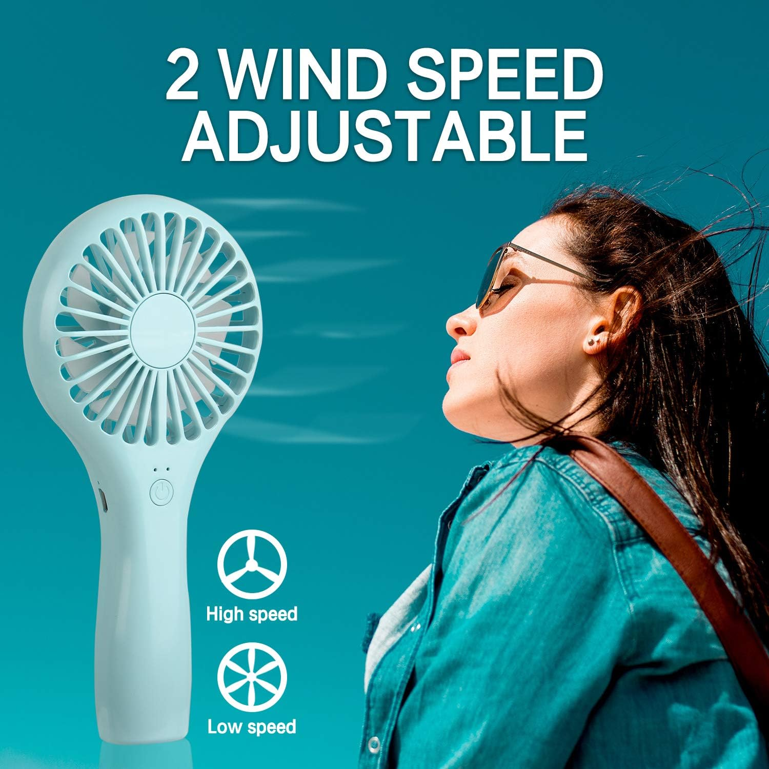 Ein leichter Ventilator mit zwei Geschwindigkeiten, neben einer Frau mit Sonnenbrille.