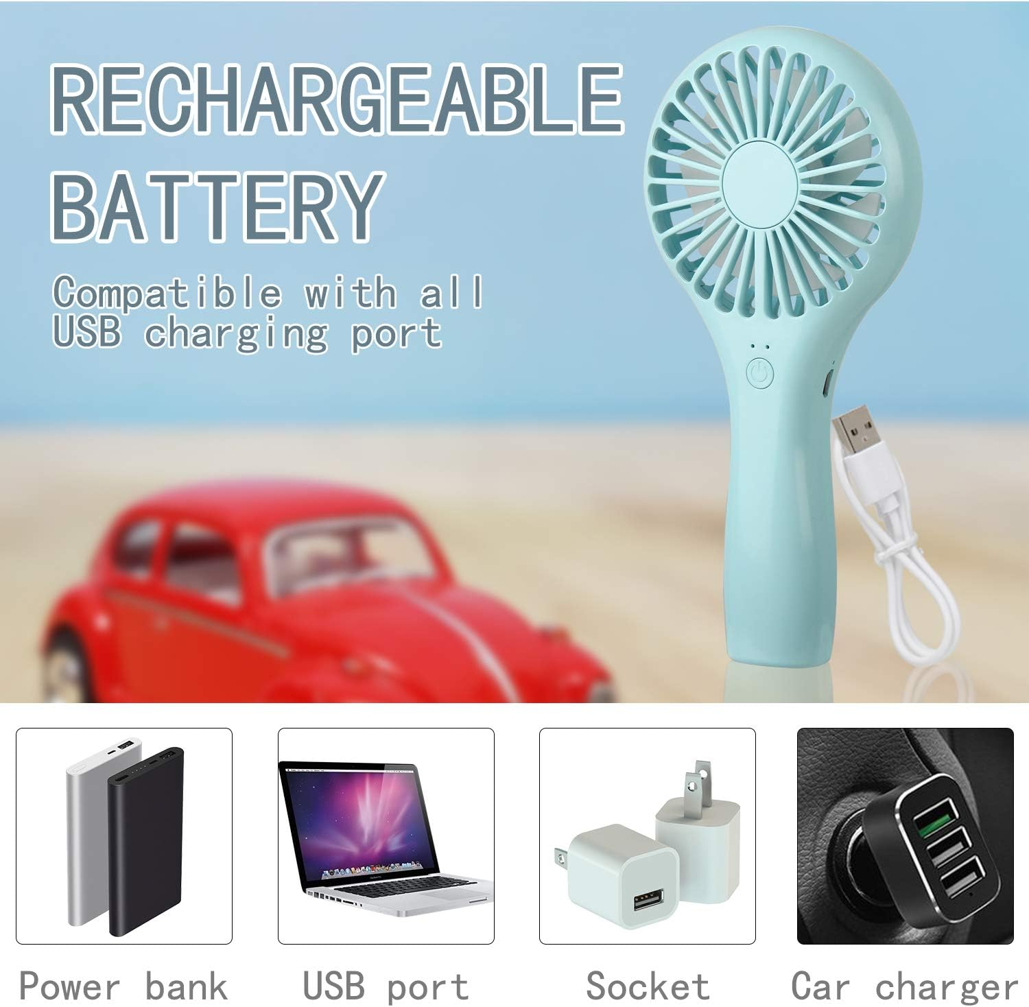 Ein hellblauer Handventilator mit USB-Kabel, daneben ein rotes Auto.