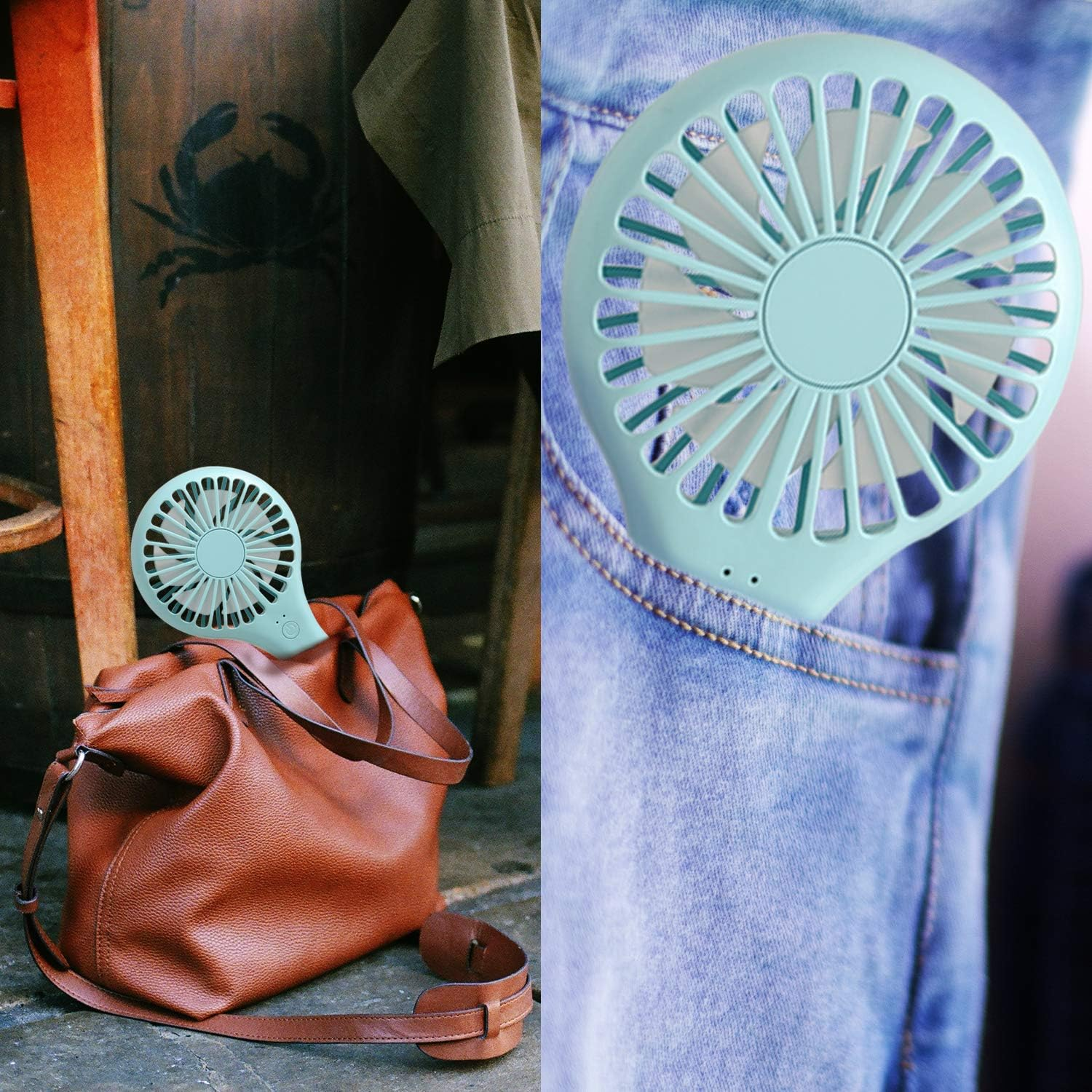 Ein kleiner mintgrüner Ventilator steckt in der Hosentasche einer Jeans.