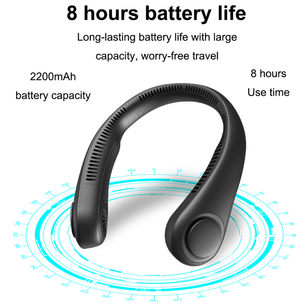 Schwarzer Nackenventilator mit 2200mAh Akku, 8 Stunden Akkulaufzeit.