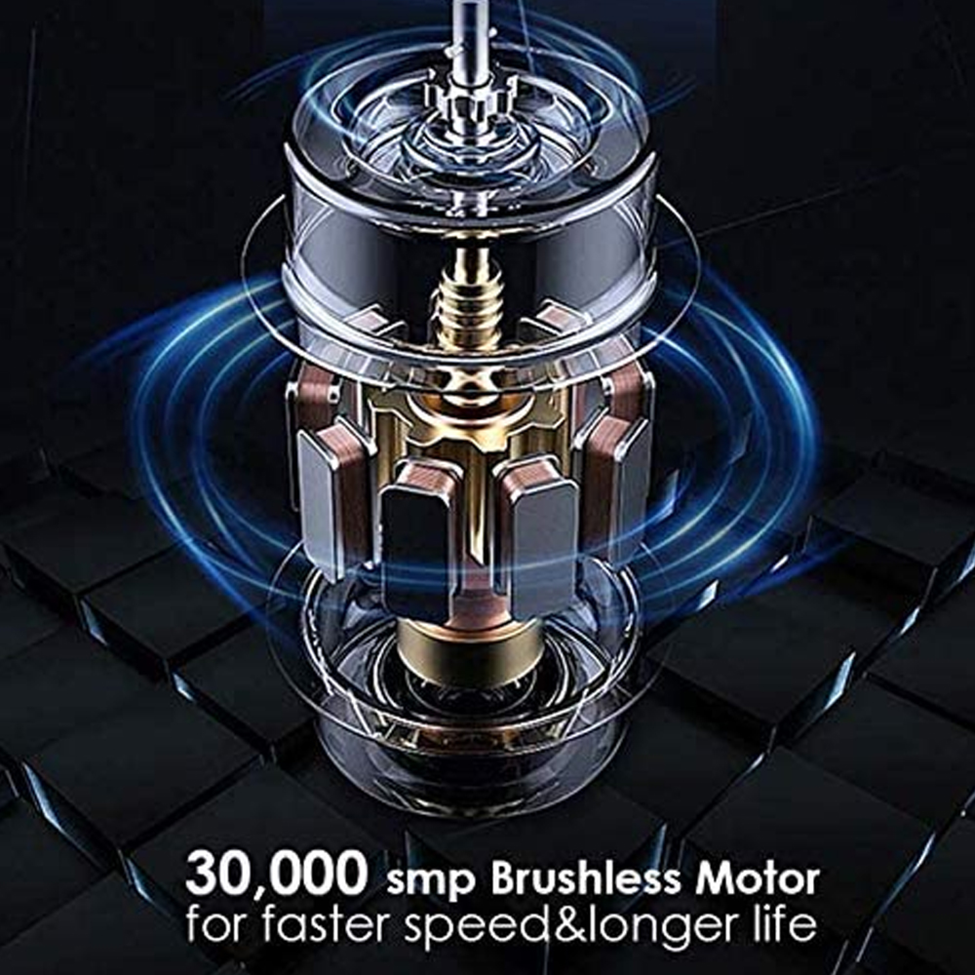 Detailansicht eines bürstenlosen Motors mit blauen Energiewellen.