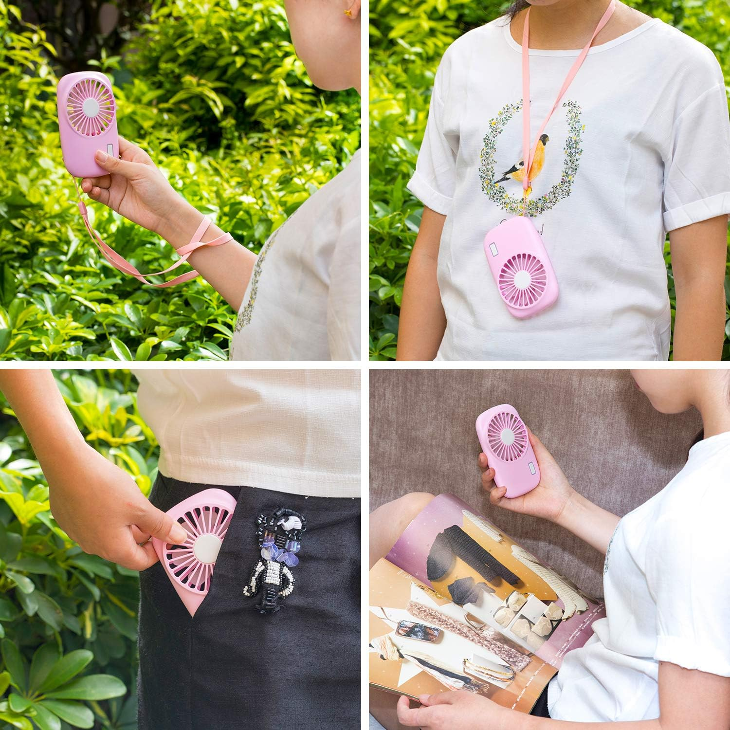 Eine Frau hält einen kleinen rosa Ventilator in der Hand, trägt ihn am Hals und steckt ihn in die Tasche.
