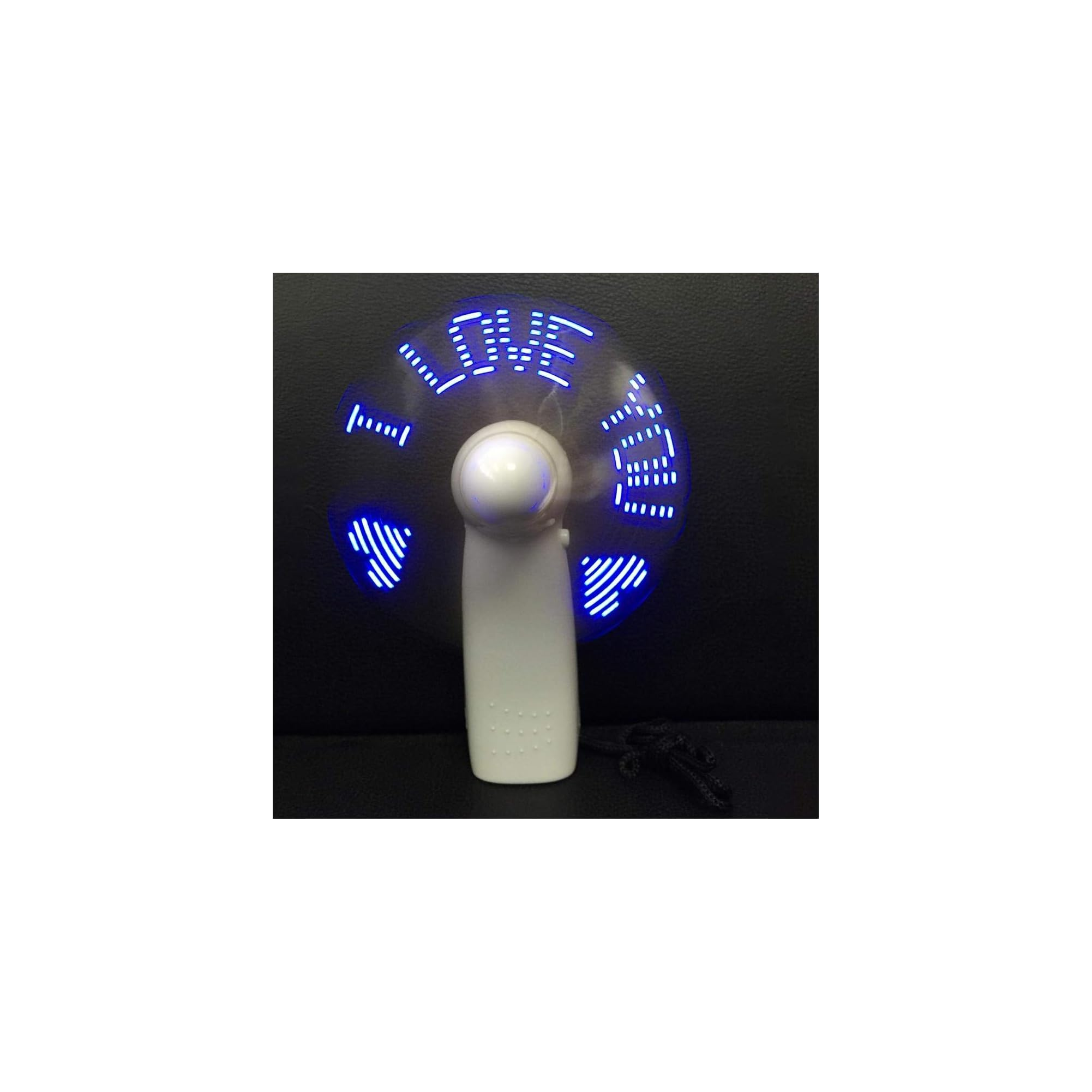 Ein weißer Handventilator mit blauen LED-Lichtern, die ein Muster bilden.