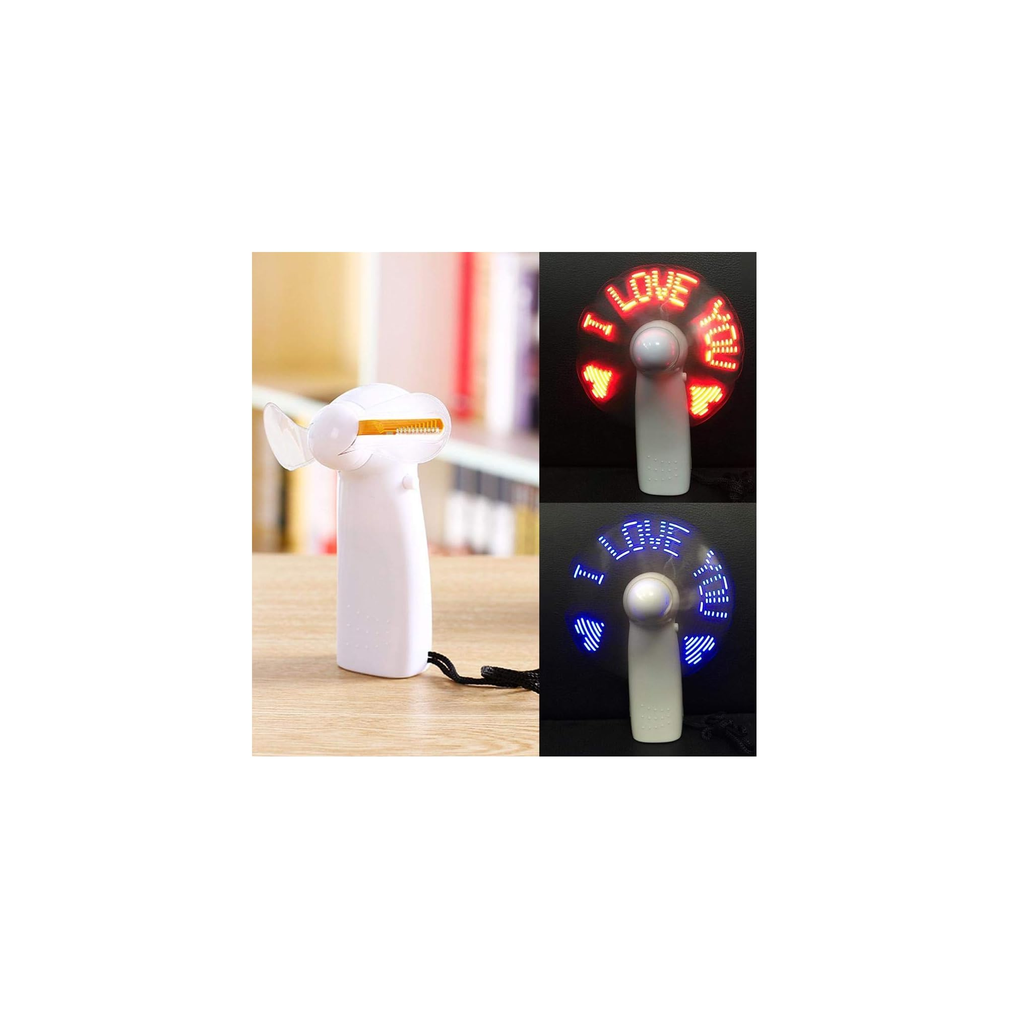 Ein weißer Ventilator mit leuchtenden roten oder blauen LEDs, die "LOVE YOU" anzeigen.