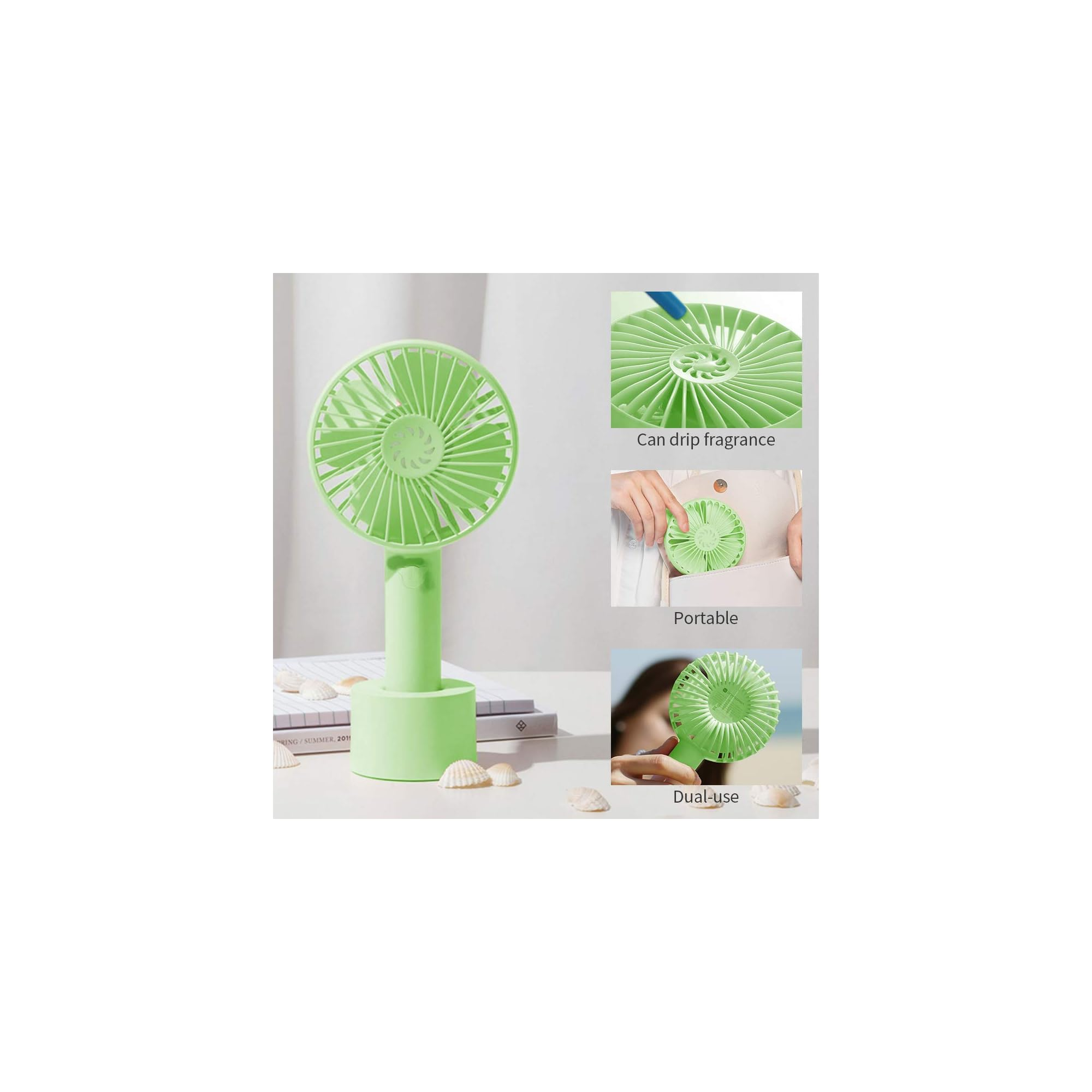 Ein kleiner grüner Ventilator mit einem Ständer und Muscheln.