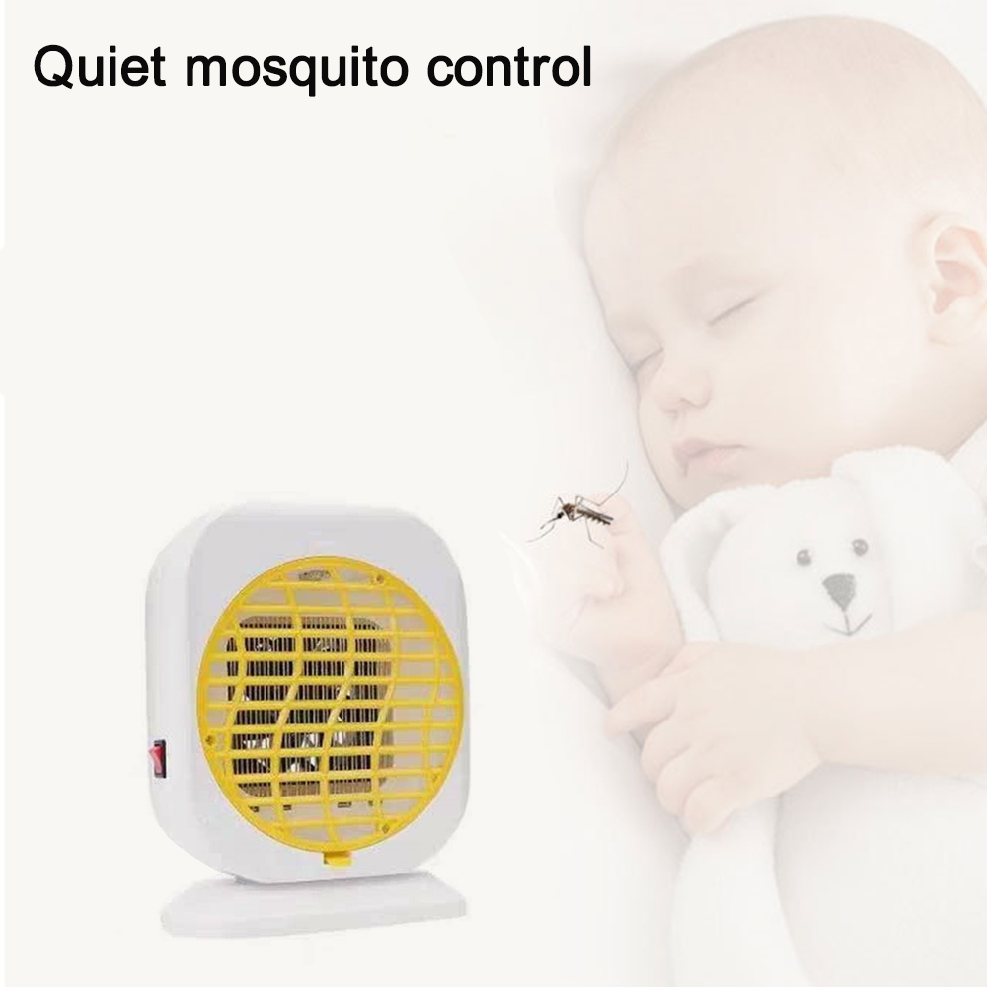 Ein weißer Moskitoschutz mit gelbem Gitter neben einem schlafenden Baby.