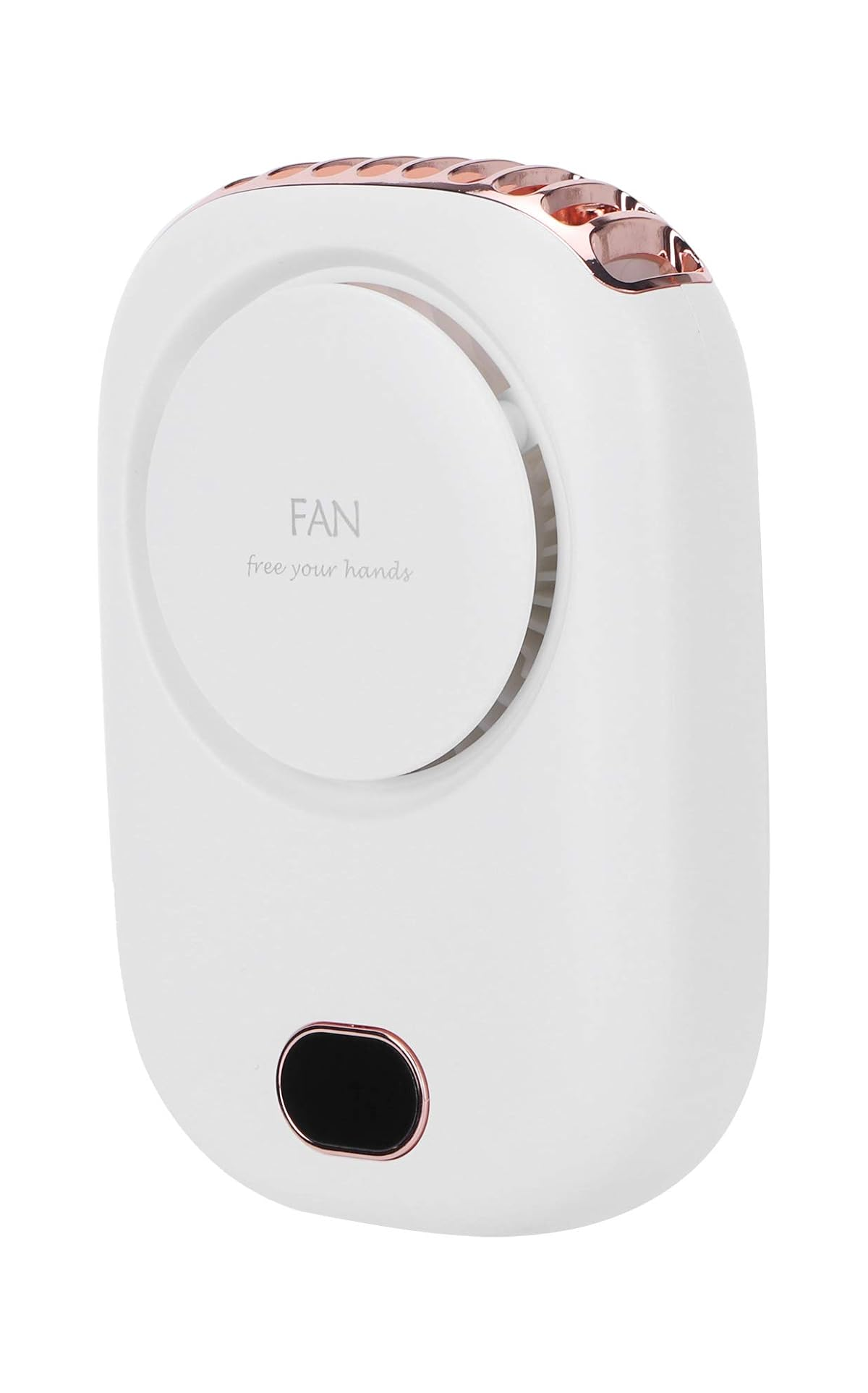 Ein weißer Nackenventilator mit roségoldenen Akzenten und einem schwarzen Knopf.