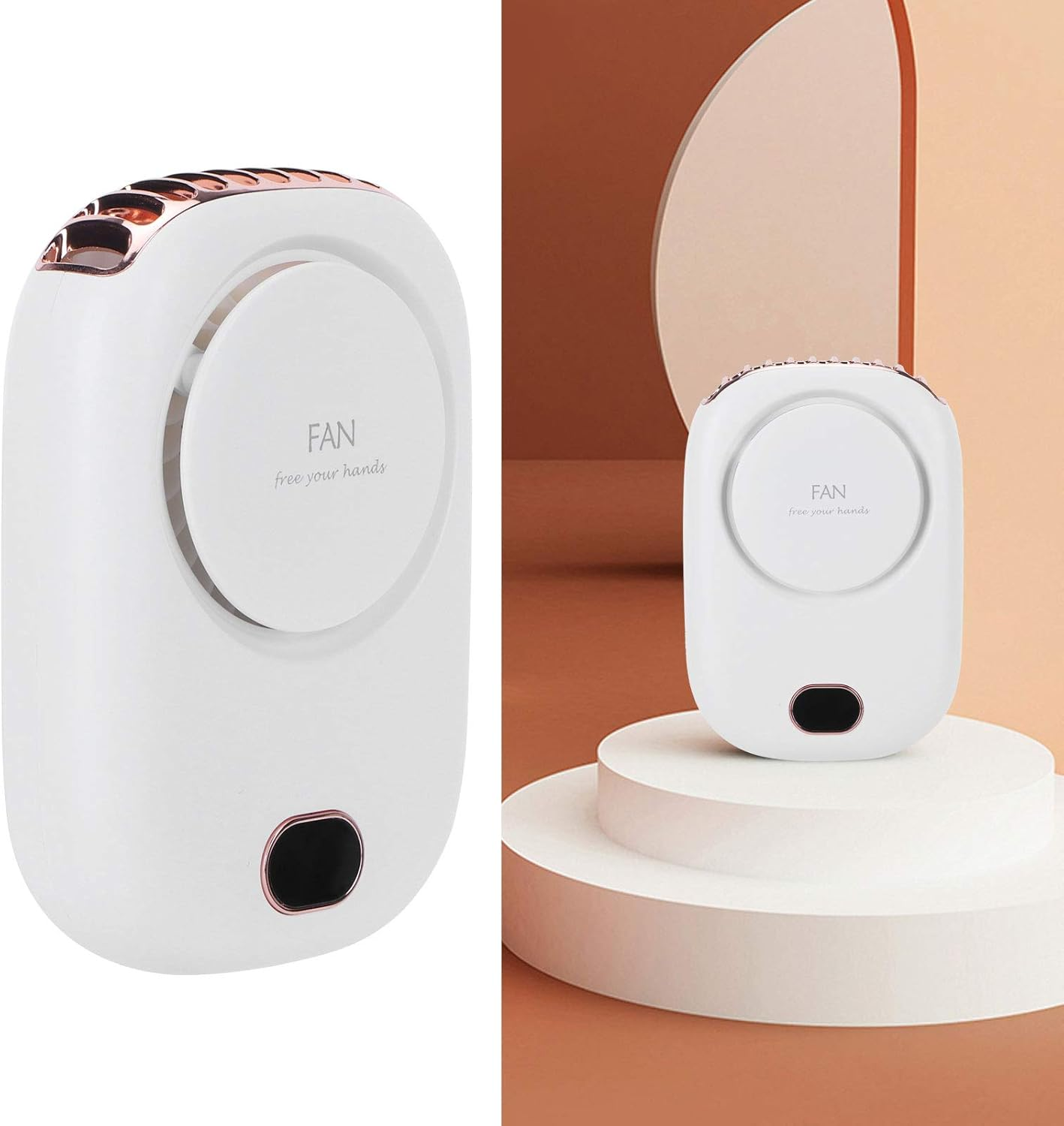 Ein weißer Nackenventilator mit Roségold-Akzenten steht auf einer Bühne.