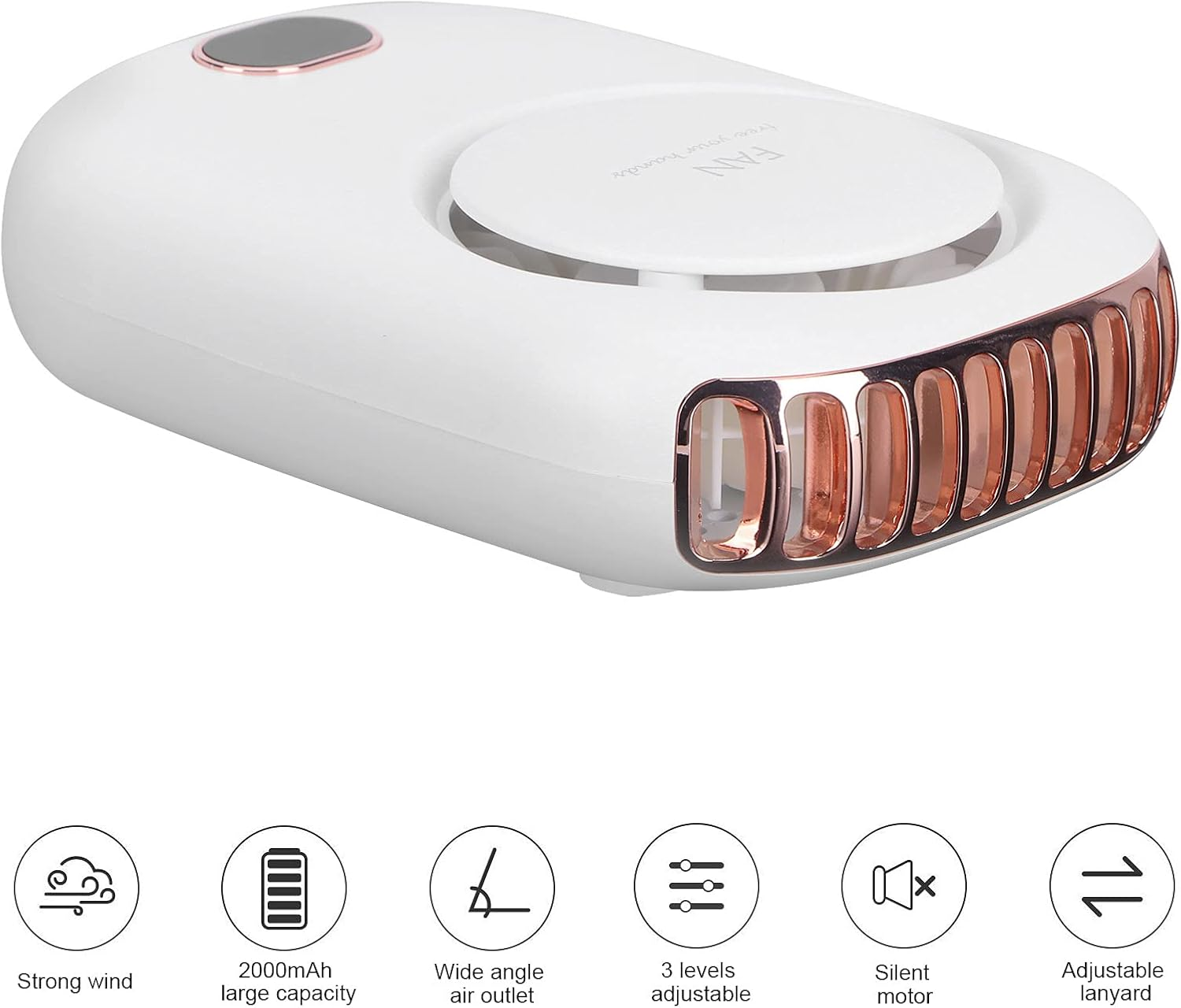 Weißer Nackenventilator mit kupferfarbenen Akzenten und Lüftungsschlitzen.