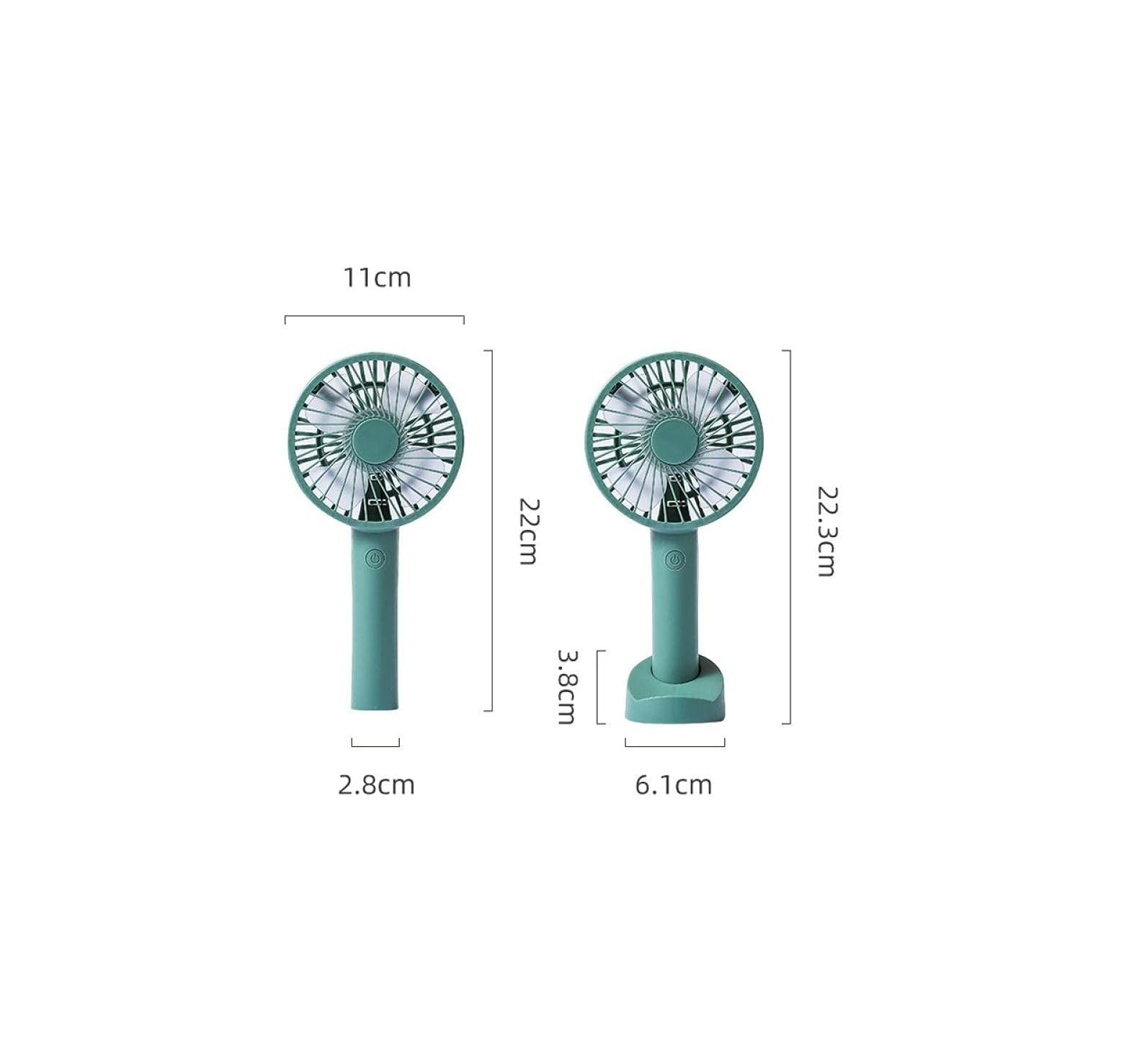 Zwei grüne Mini-Ventilatoren mit Griffen und Maßen.
