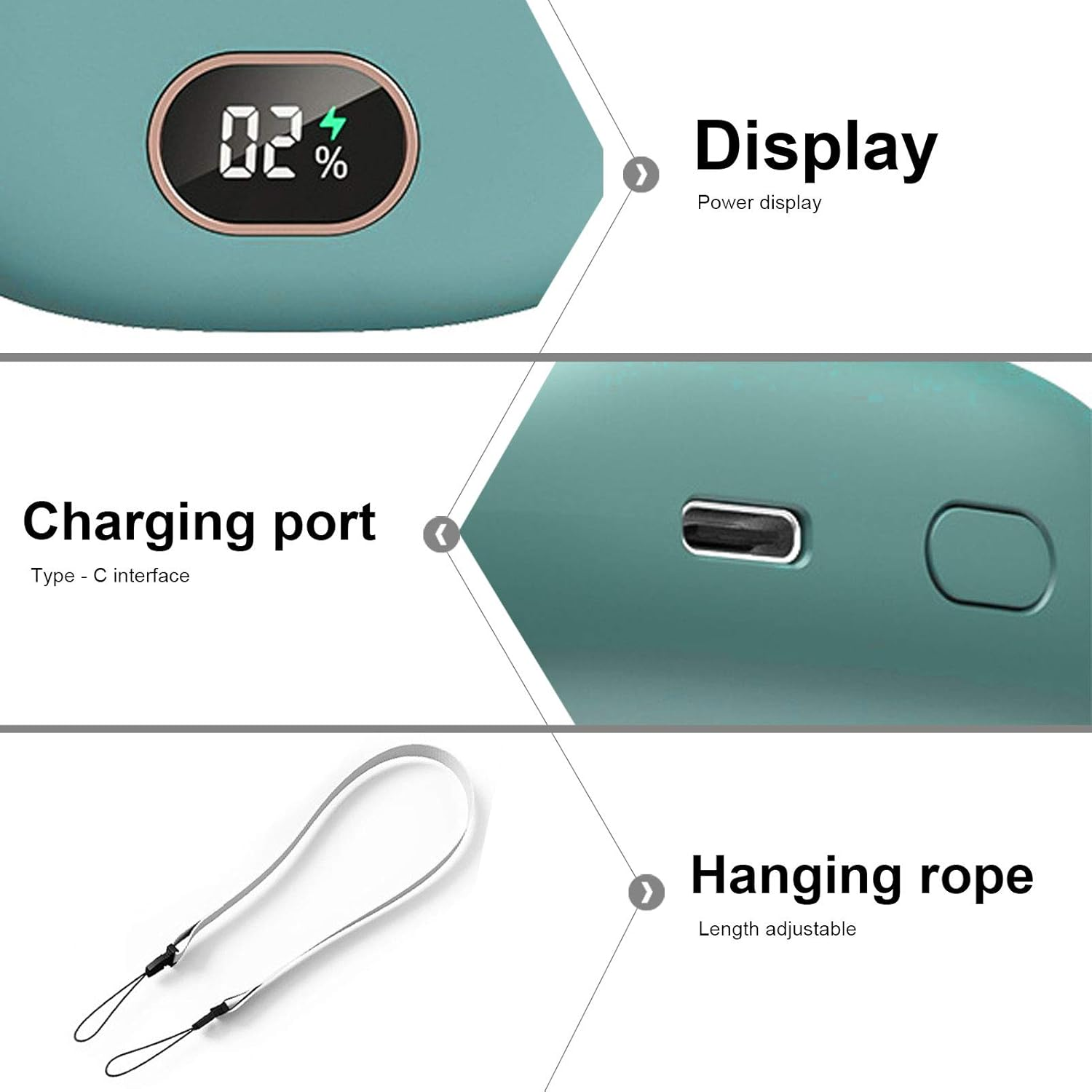 Ein tealfarbenes Gerät mit digitaler Anzeige, Ladeanschluss und Lanyard.