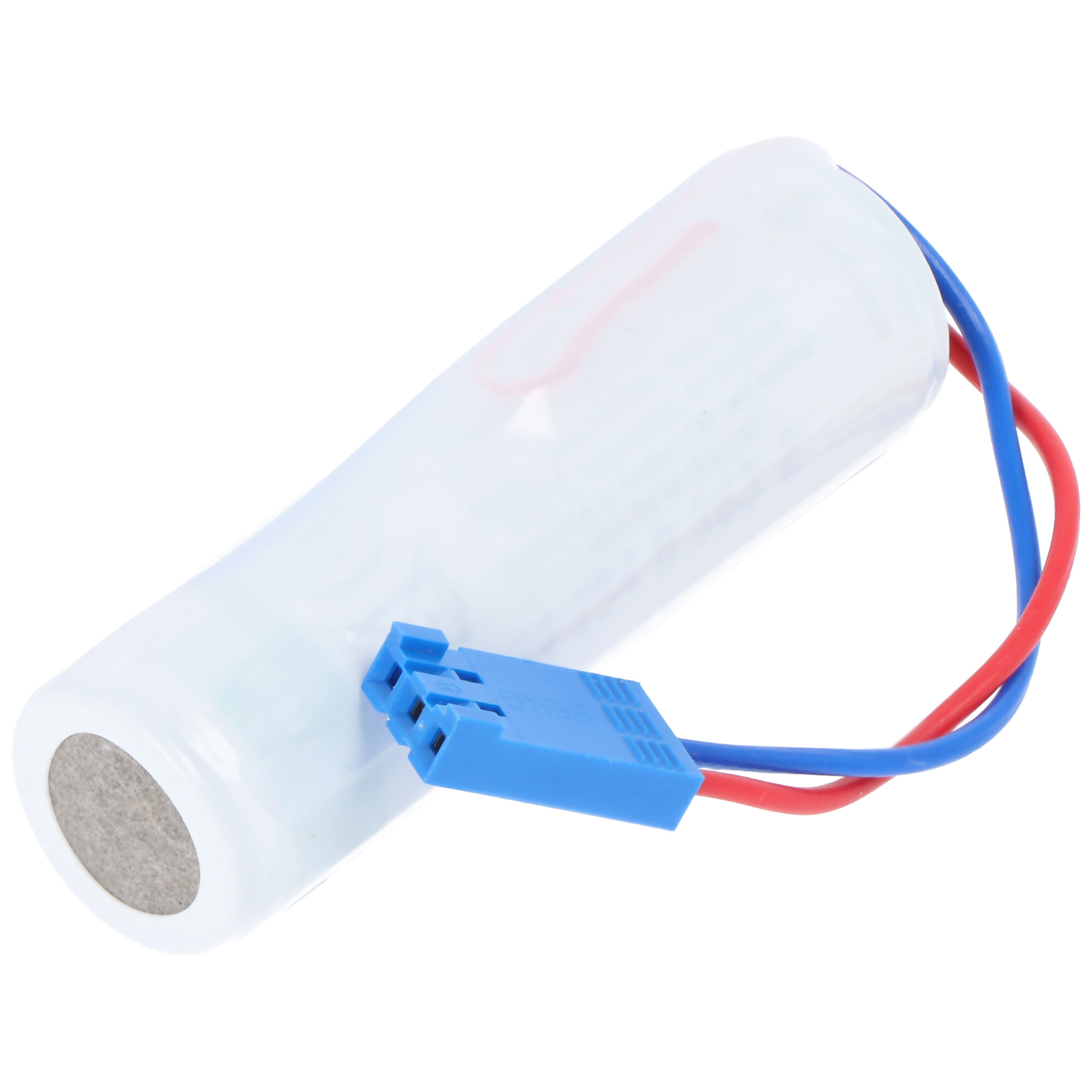 Ein weißer Akku mit blauem Stecker und roten/blauen Kabeln.
