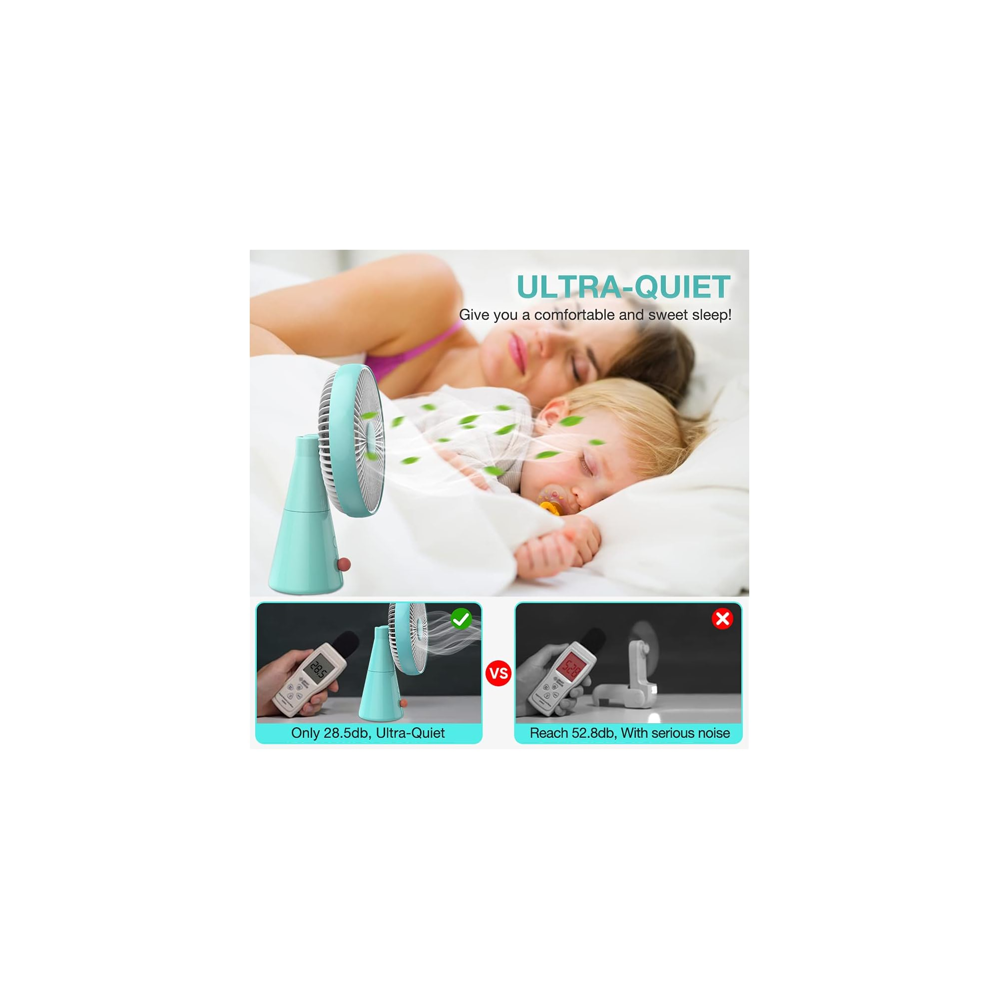Ein Baby schläft friedlich, ein Ventilator spendet kühlen Wind. Vergleich von Lautstärken.