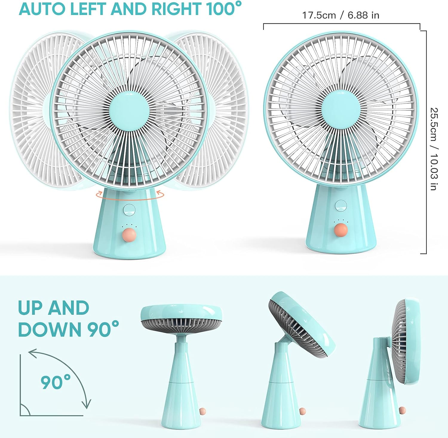 Ein hellblauer Ventilator mit mehreren Positionen: schwenkbar und neigbar.