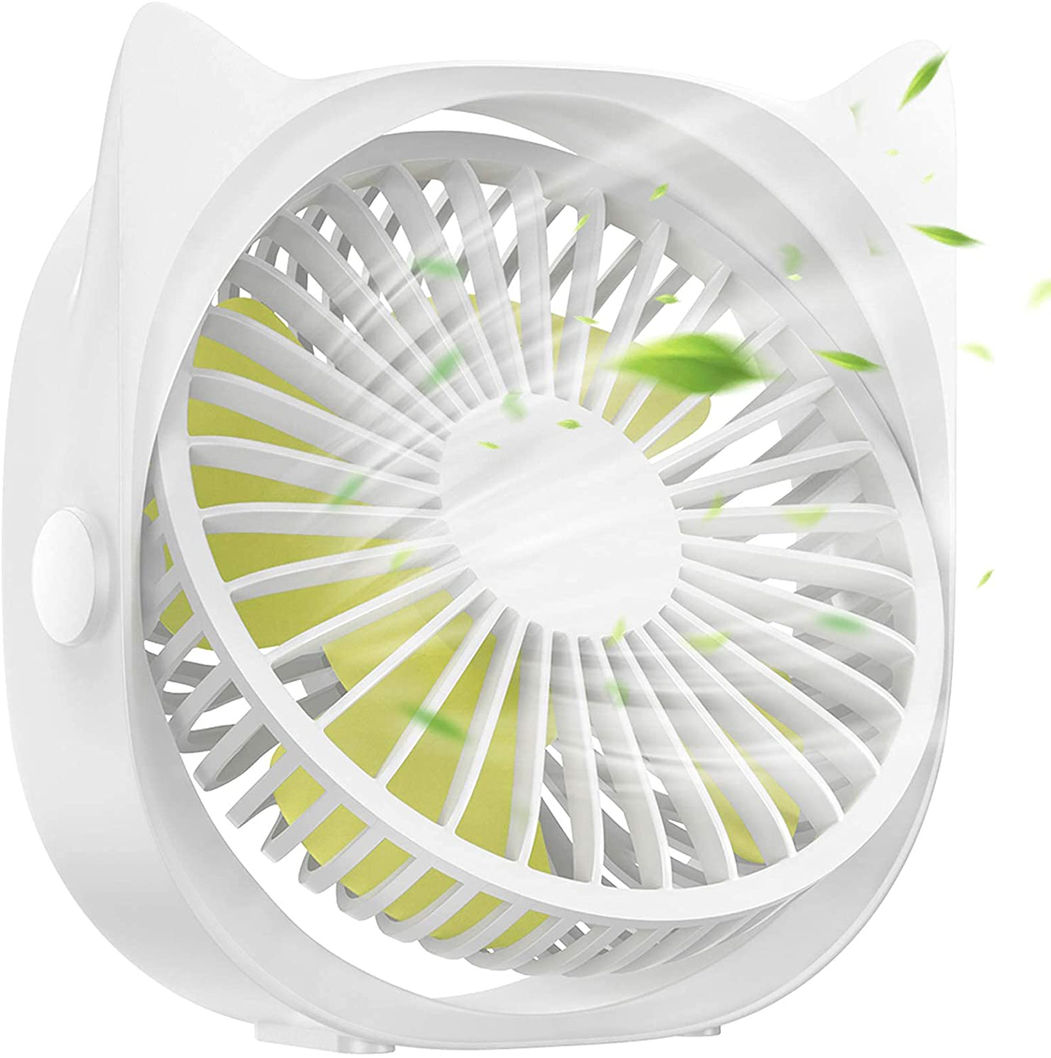 Ein weißer Ventilator mit gelben Blättern und grünen Blättern, die herumfliegen.
