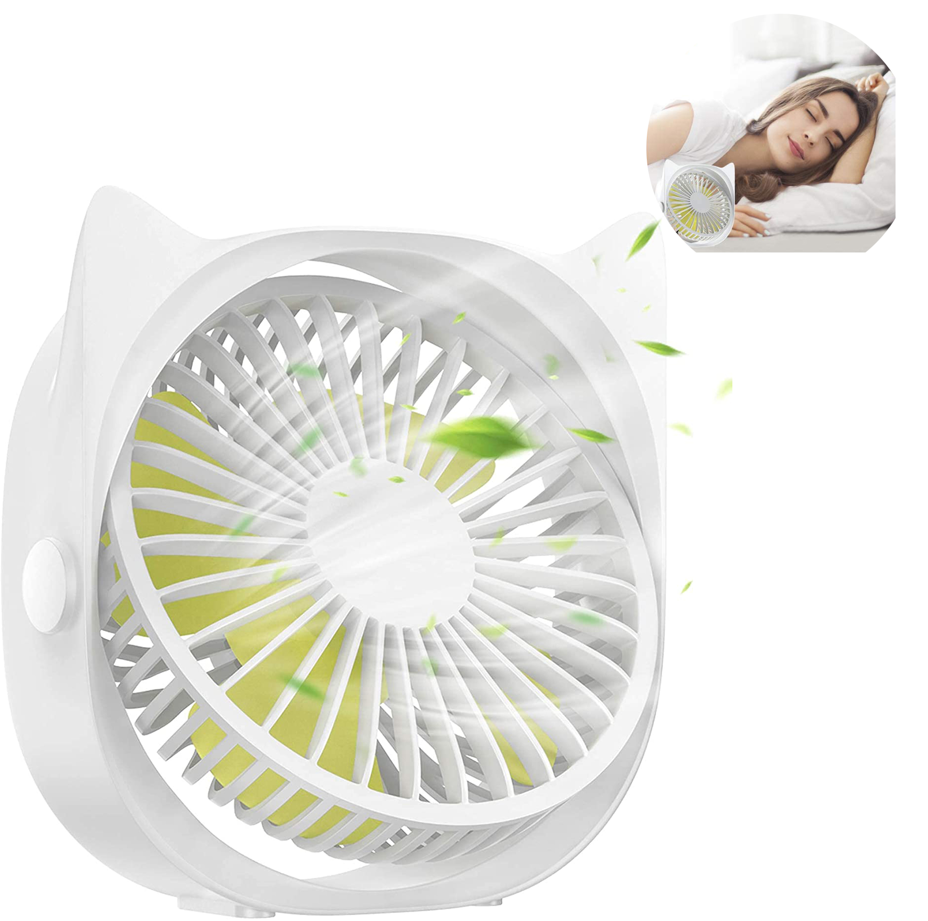 Ein weißer Katzenohren-Ventilator mit gelben Blättern und grünen Blättern, die hindurchfliegen.