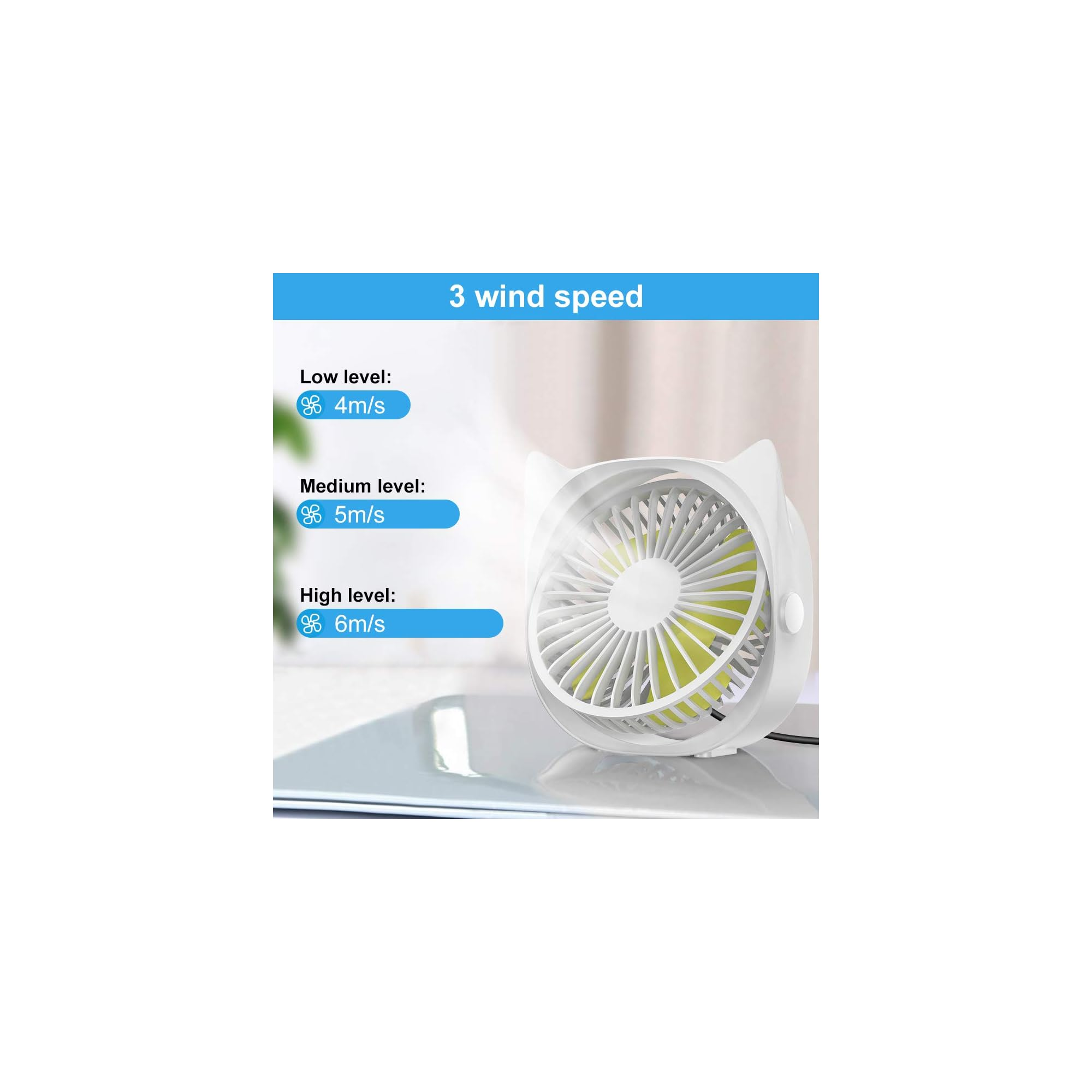 Kleiner weißer Ventilator mit Katzenohren, 3 Geschwindigkeiten: 4m/s, 5m/s, 6m/s.