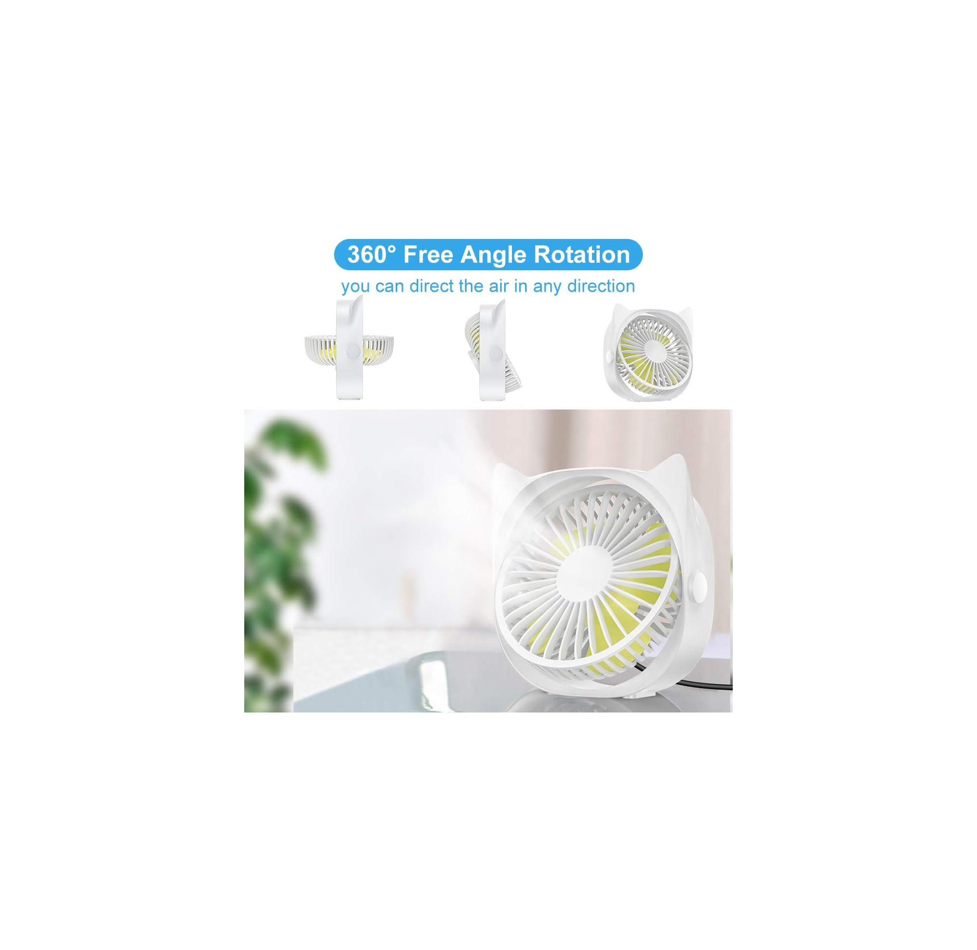 Ein weißer Ventilator mit gelben Rotorblättern, im Katzenohrendesign, auf einem Tisch.