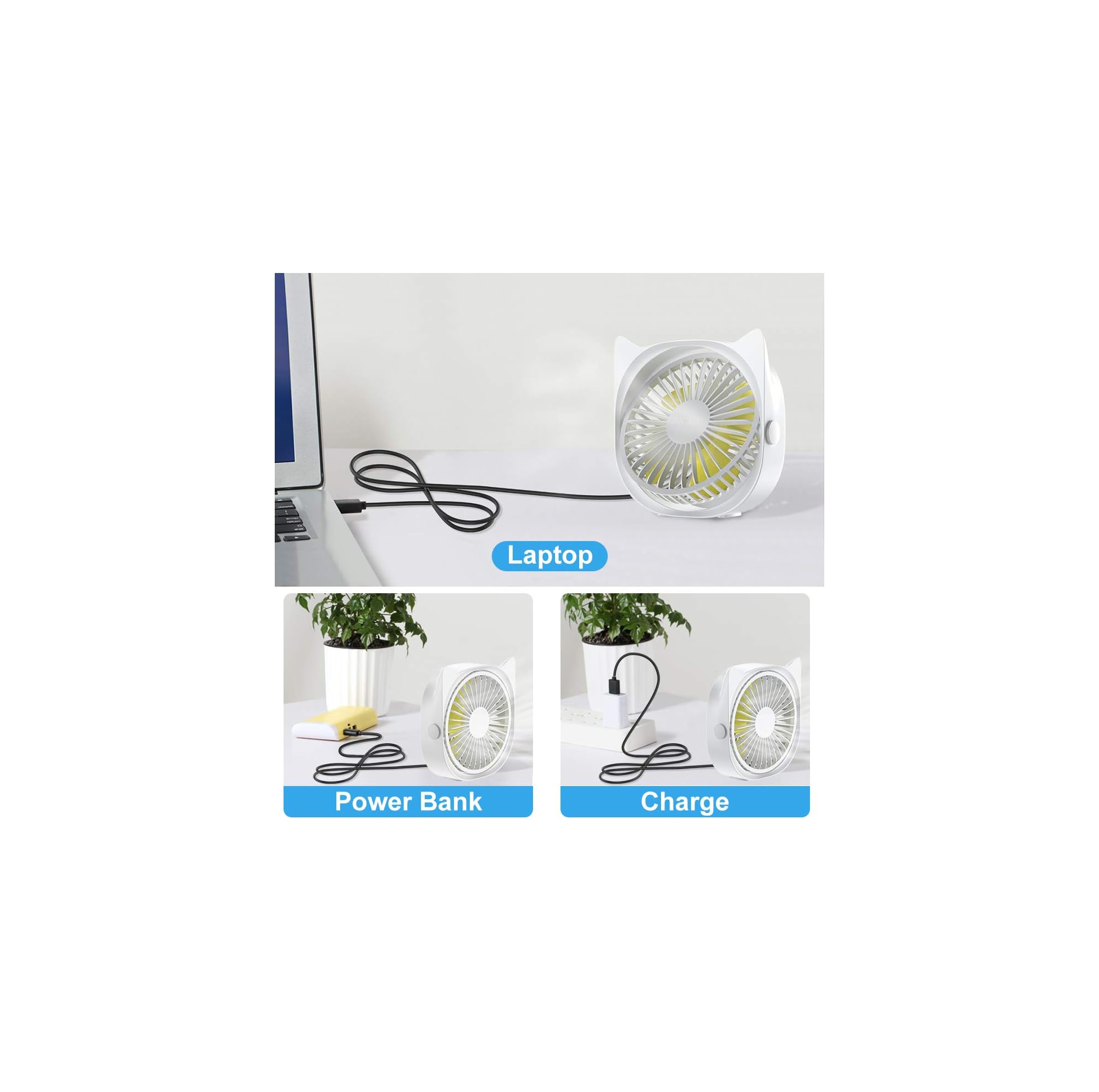 Ein weißer Ventilator mit gelben Blättern wird über USB an einen Laptop, ein Powerbank und ein Ladegerät angeschlossen.