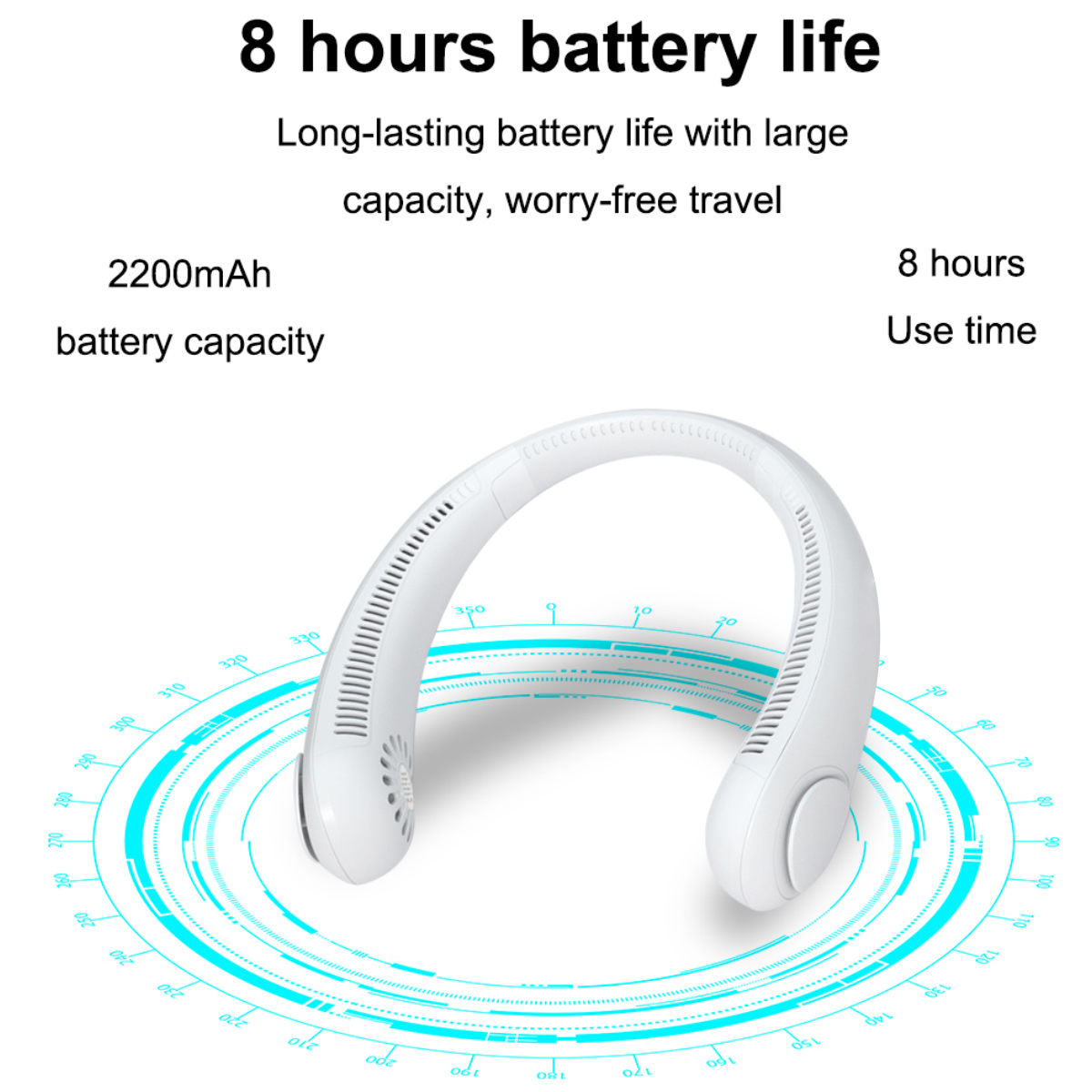 Ein weißer Nackenventilator mit digitalen Anzeigen, 2200mAh und 8 Stunden Laufzeit.