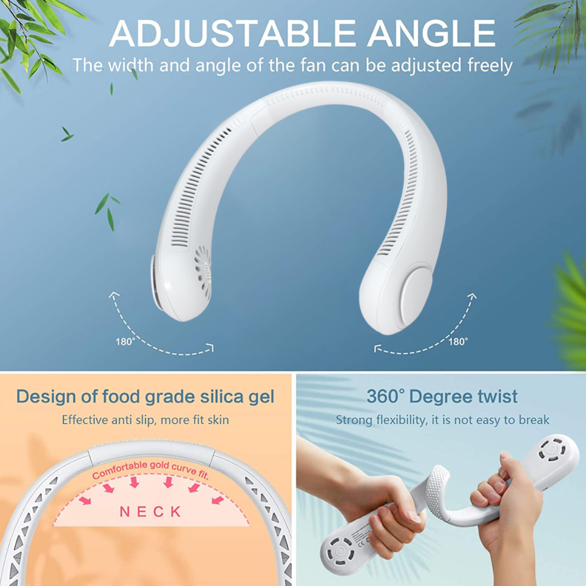 Ein weißer Nackenventilator mit verstellbarem Winkel und flexibler Silikongel-Konstruktion.