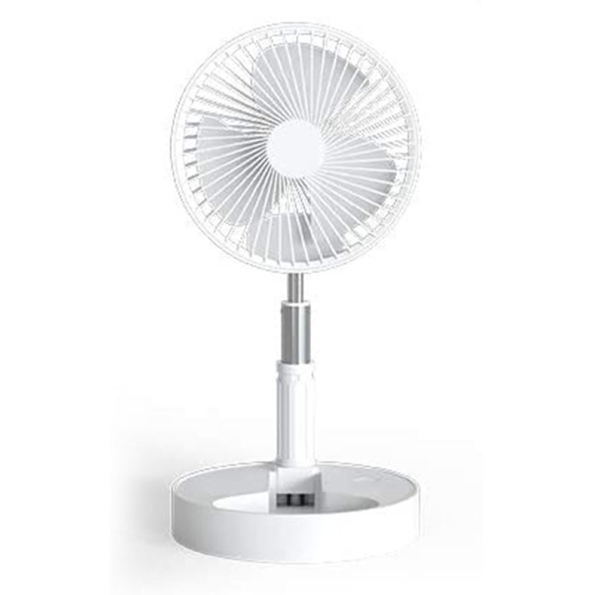 Ein weißer Standventilator mit verstellbarem Stiel und rundem Sockel.