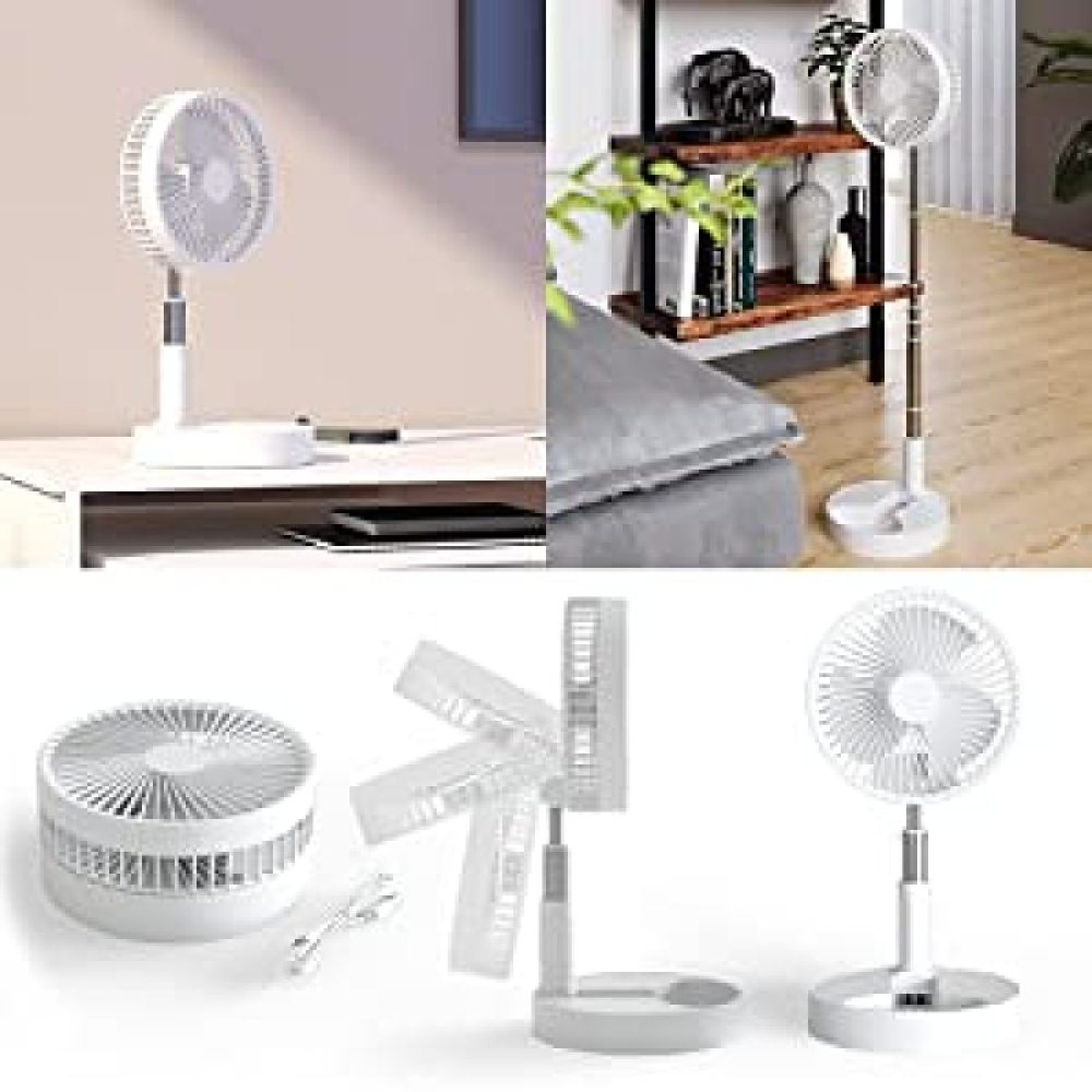 Ein weißer Standventilator in drei Modi: zusammengeklappt, aufgestellt, zusammengeklappt.