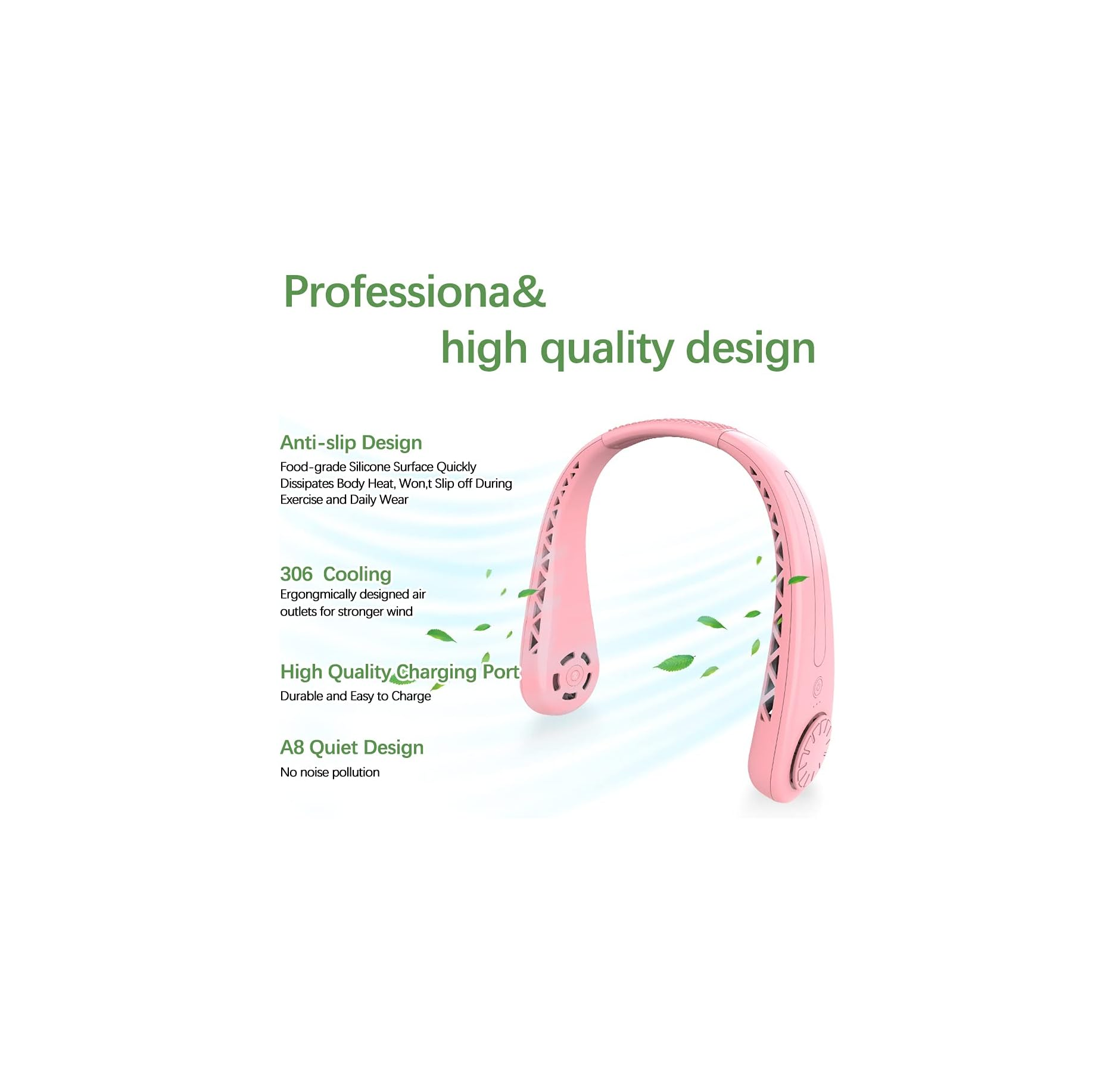 Ein rosa Nackenfächer mit ergonomischem Design und Luftauslässen.